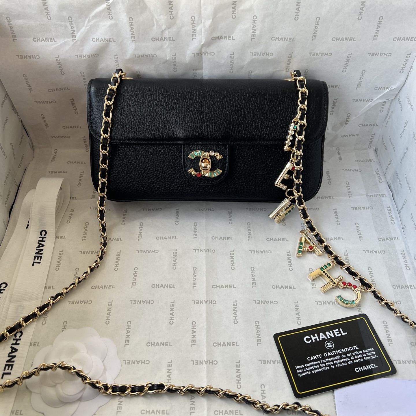 Chanel Style Jeweled Charm Flap Bag