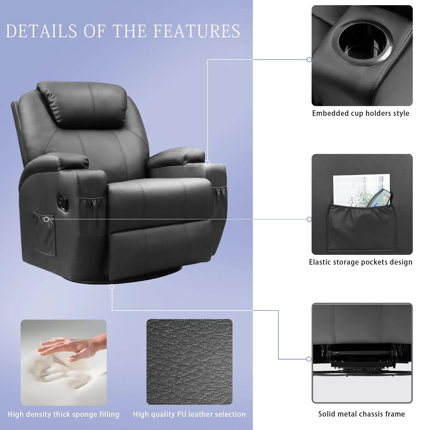 Homall Heated Swivel Rocking Recliner Chair Massage PU Leather 360 Swivel Rocker Recliner Living Room Chair Home Theater Seating Heated,Pu Leather Black