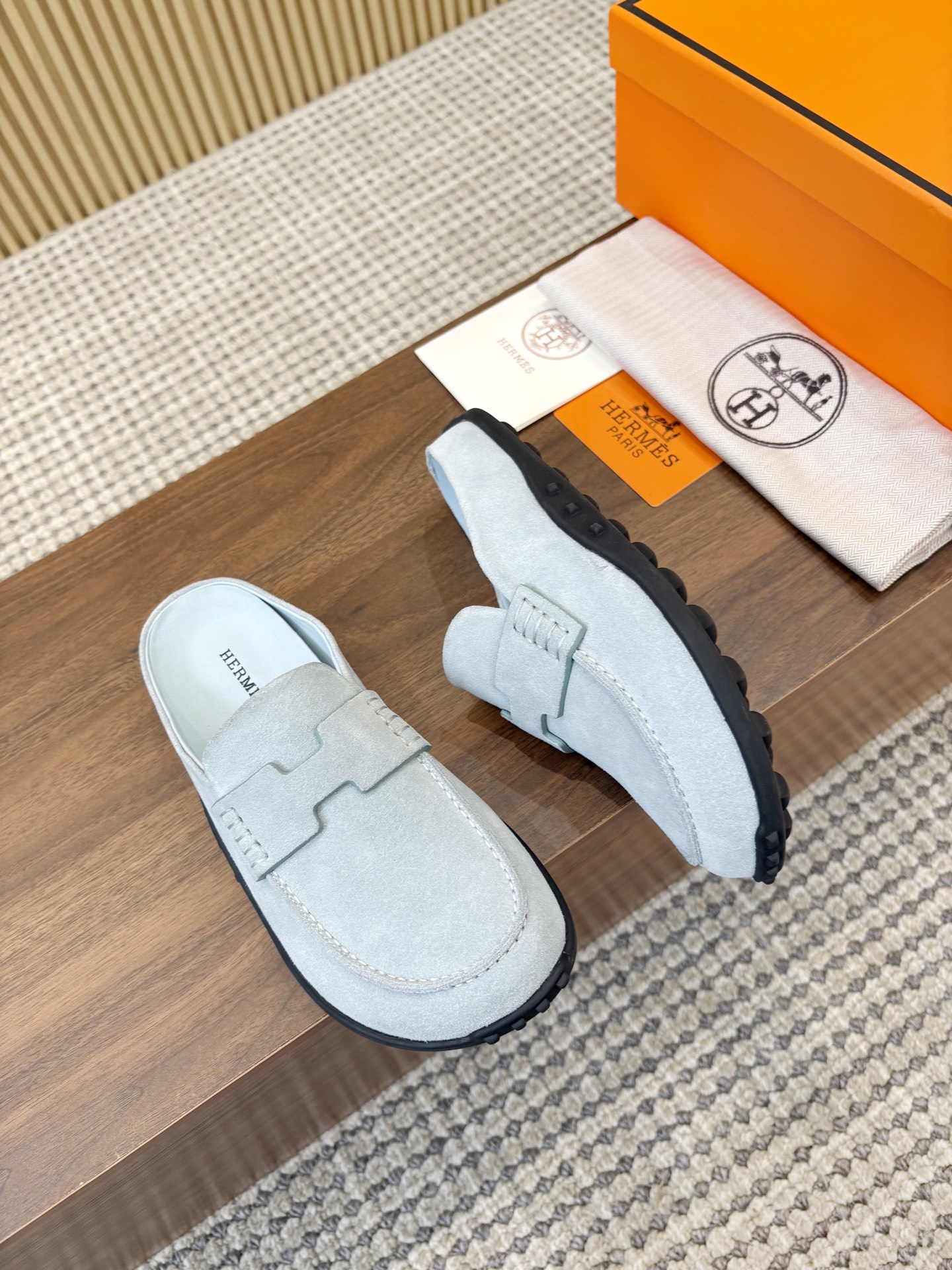 Hermès Light Blue H Cut-Out Suede Leather Go Loafer Mules