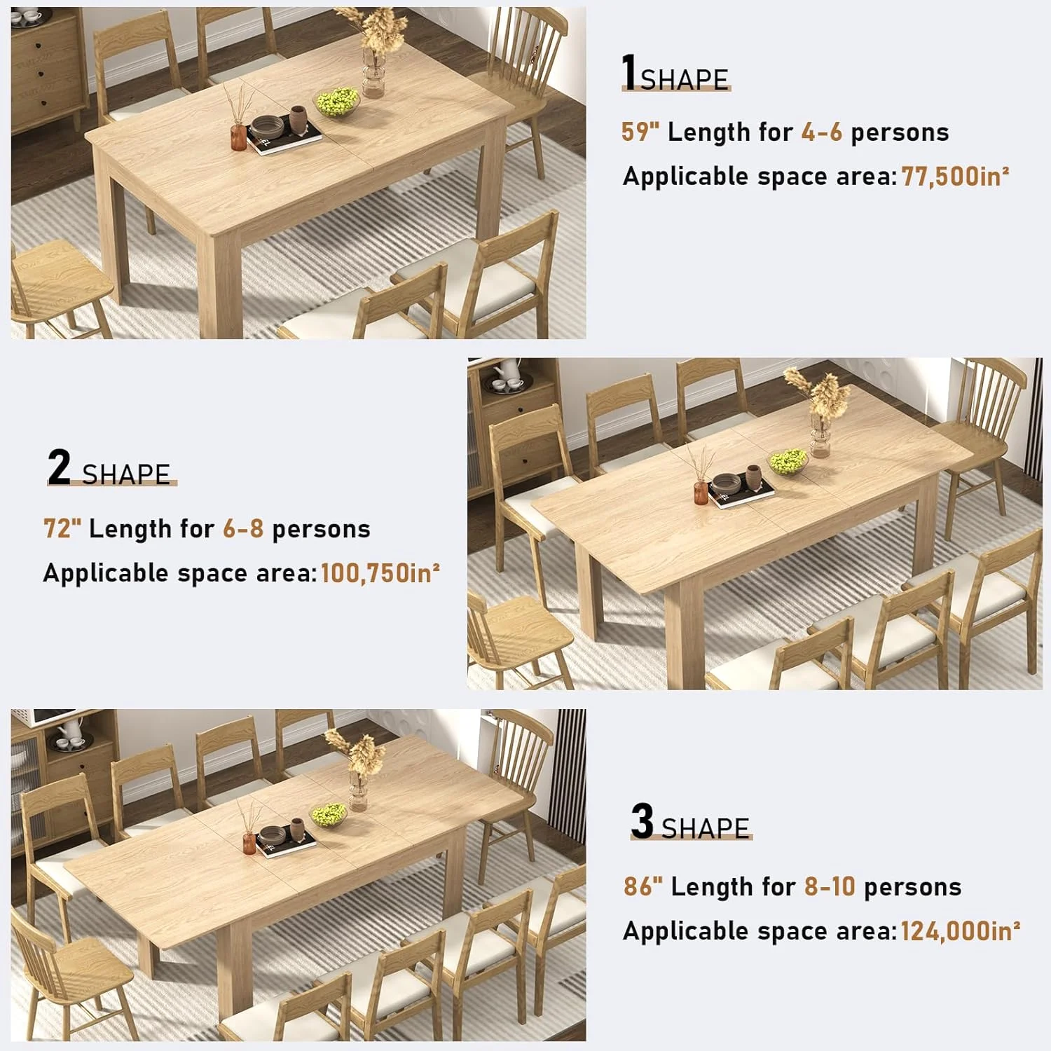 ChVans Large Mobile Extendable Dining Table for 6-8, Modern Wood Kitchen Table Rectangular Table for Dining Room, Living Room