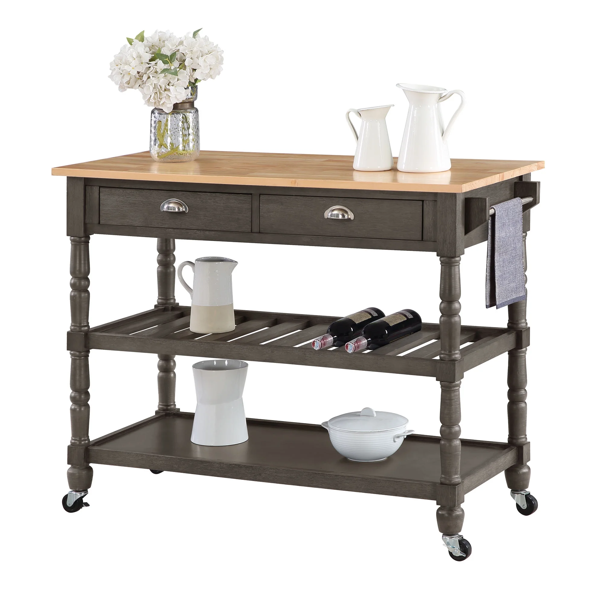 Convenience Concepts French Country 3 Tier Butcher Block Kitchen Cart with Drawers, Wirebrush Dark Gray/Butcher Block