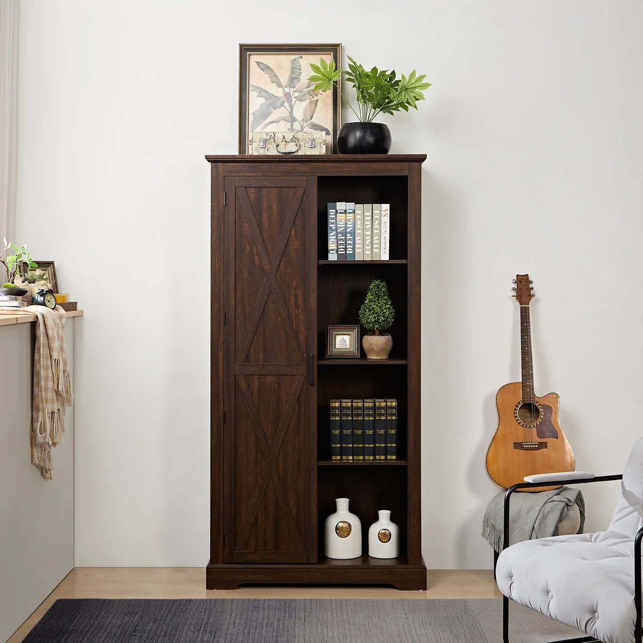 Kselythan 74" Tall Storage Cabinet, Large Kitchen Pantry with Barn Door and Opening Shelves, Freestanding Cabinet for Kitchen Bathroom Living Room