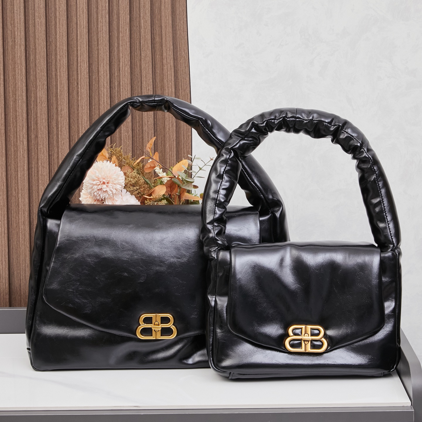 Balenciaga Monaco Black Padded Slouchy Leather BB Logo Puffy Handle Shoulder Tote Bags