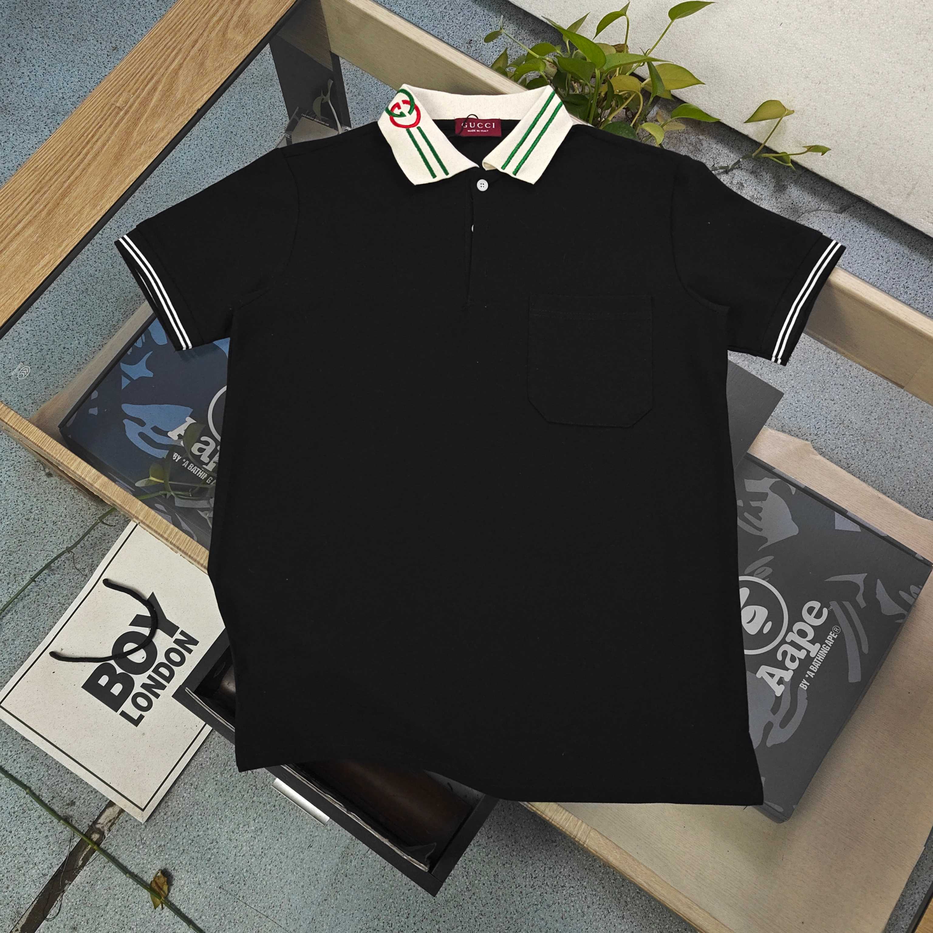 Gucci Interlocking G Web Trim Collar Polo Shirt