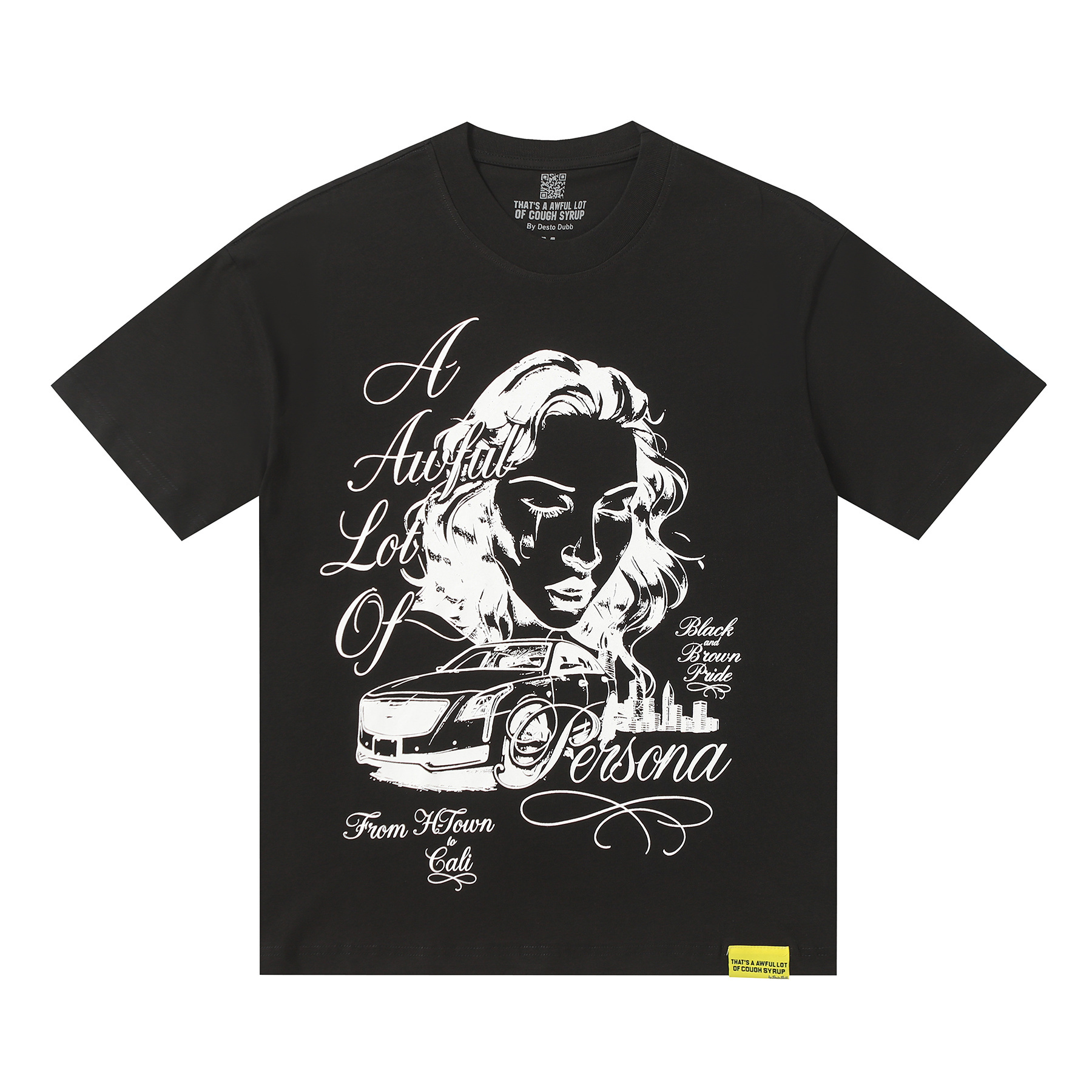 Black and white color scheme, crying curly-haired woman, car print, short-sleeved T-shirt