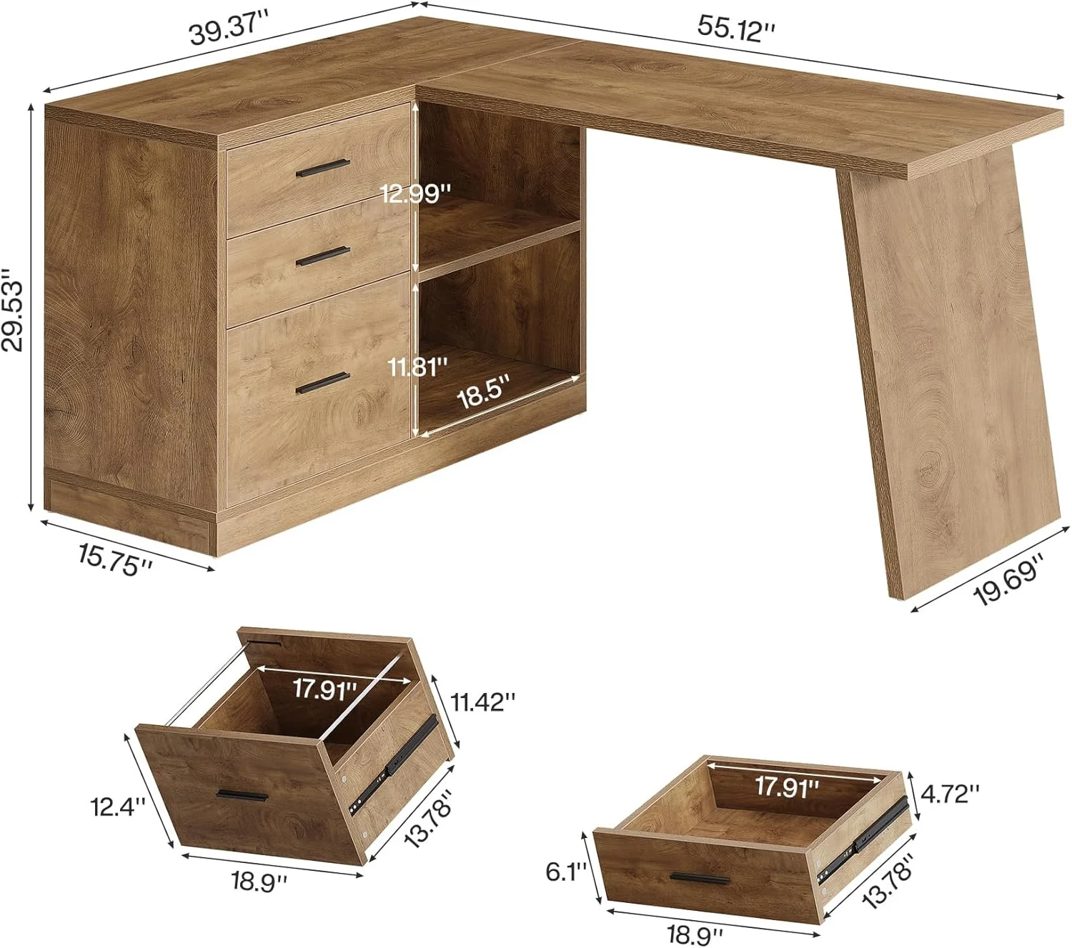 55-Inch L Shaped Computer Desk with 3 Drawers, Corner Home Office Desk with Storage Shelves