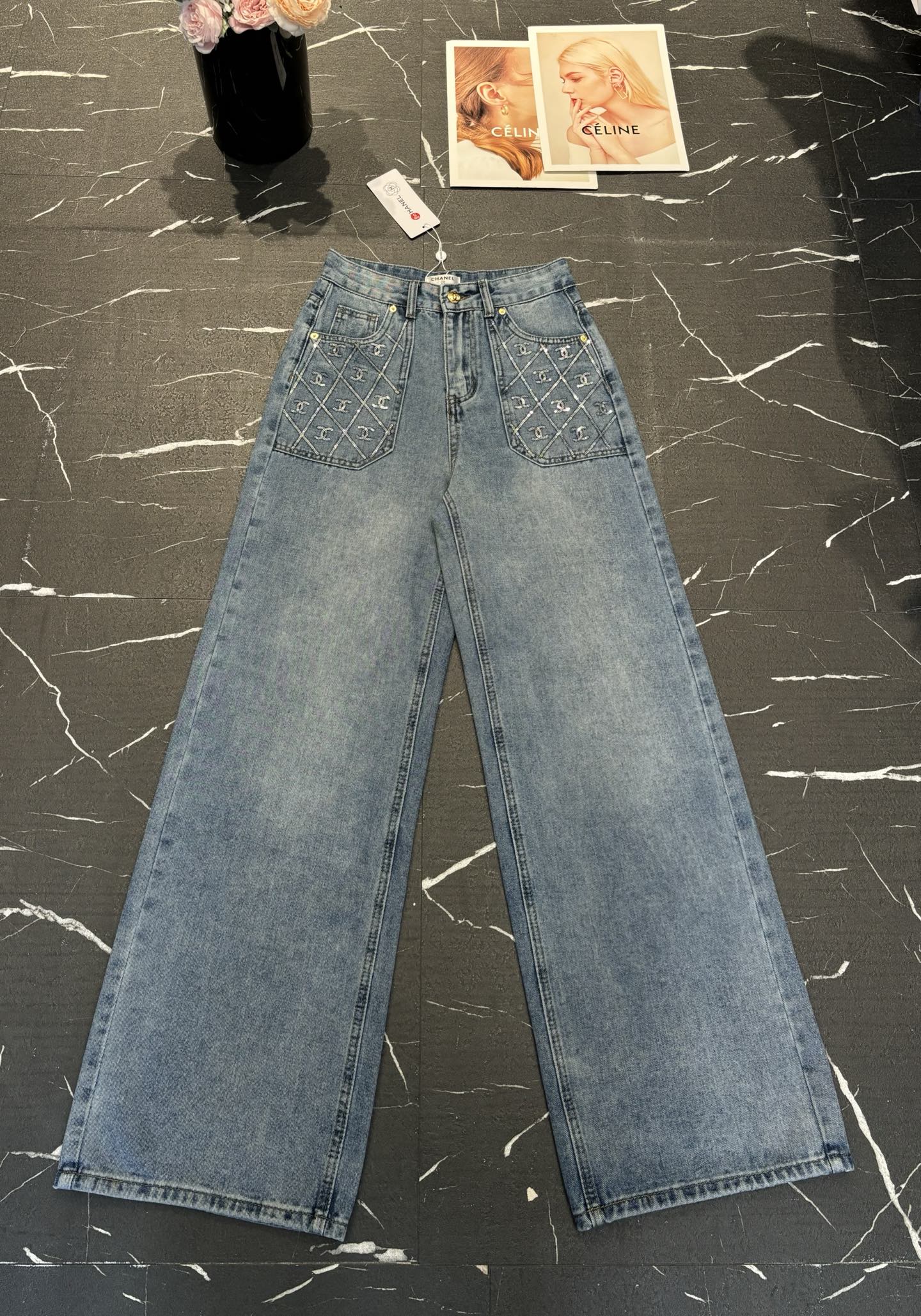 Chanel Style Quilted Pocket Wide-Leg Jeans