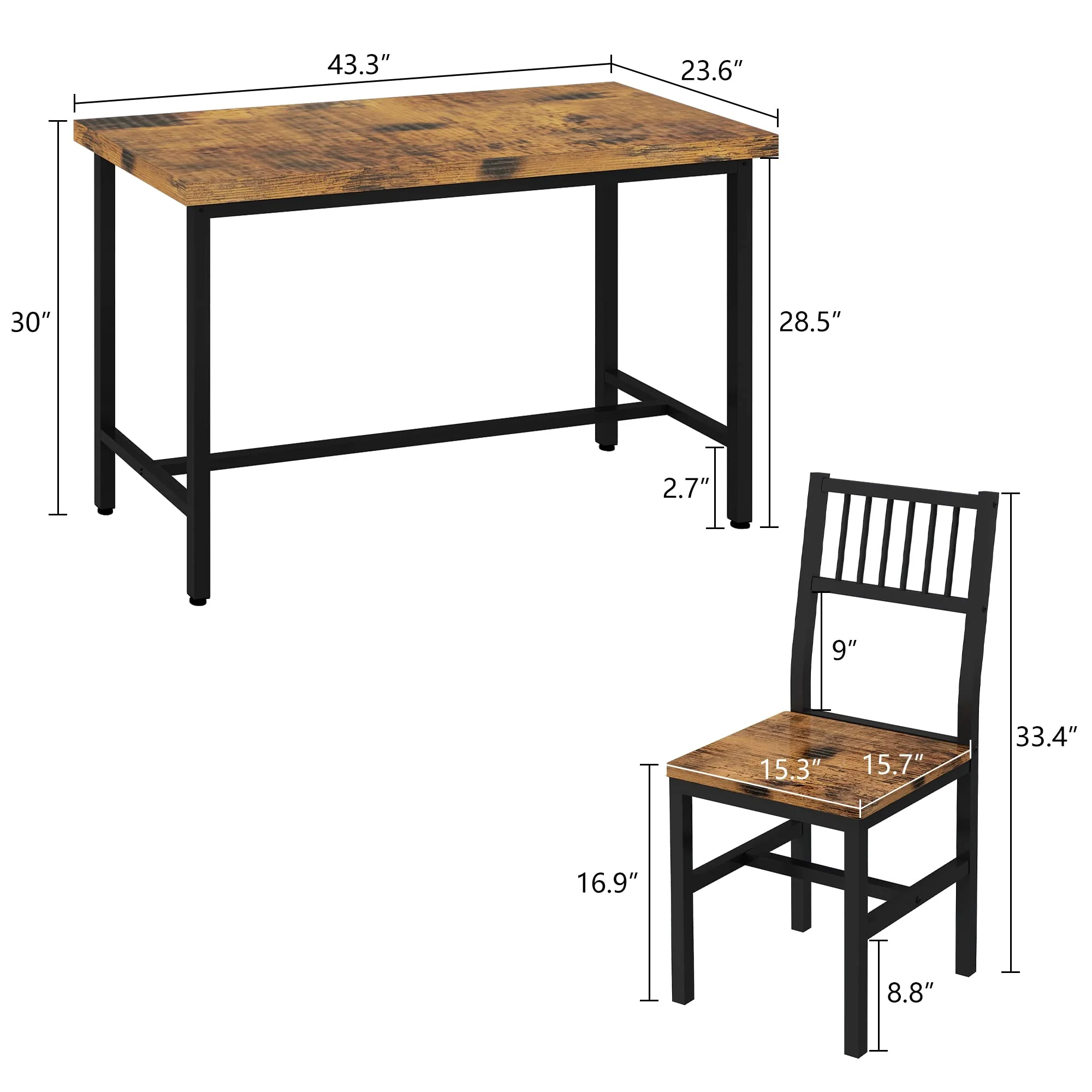 AWQM 5 Piece Kitchen Table and Chairs Set, Dining Table Set for 4, Dining Table Set with Metal Frame, Industrial Table for Kitchen, Dining Room, Restaurant, Rustic Brown
