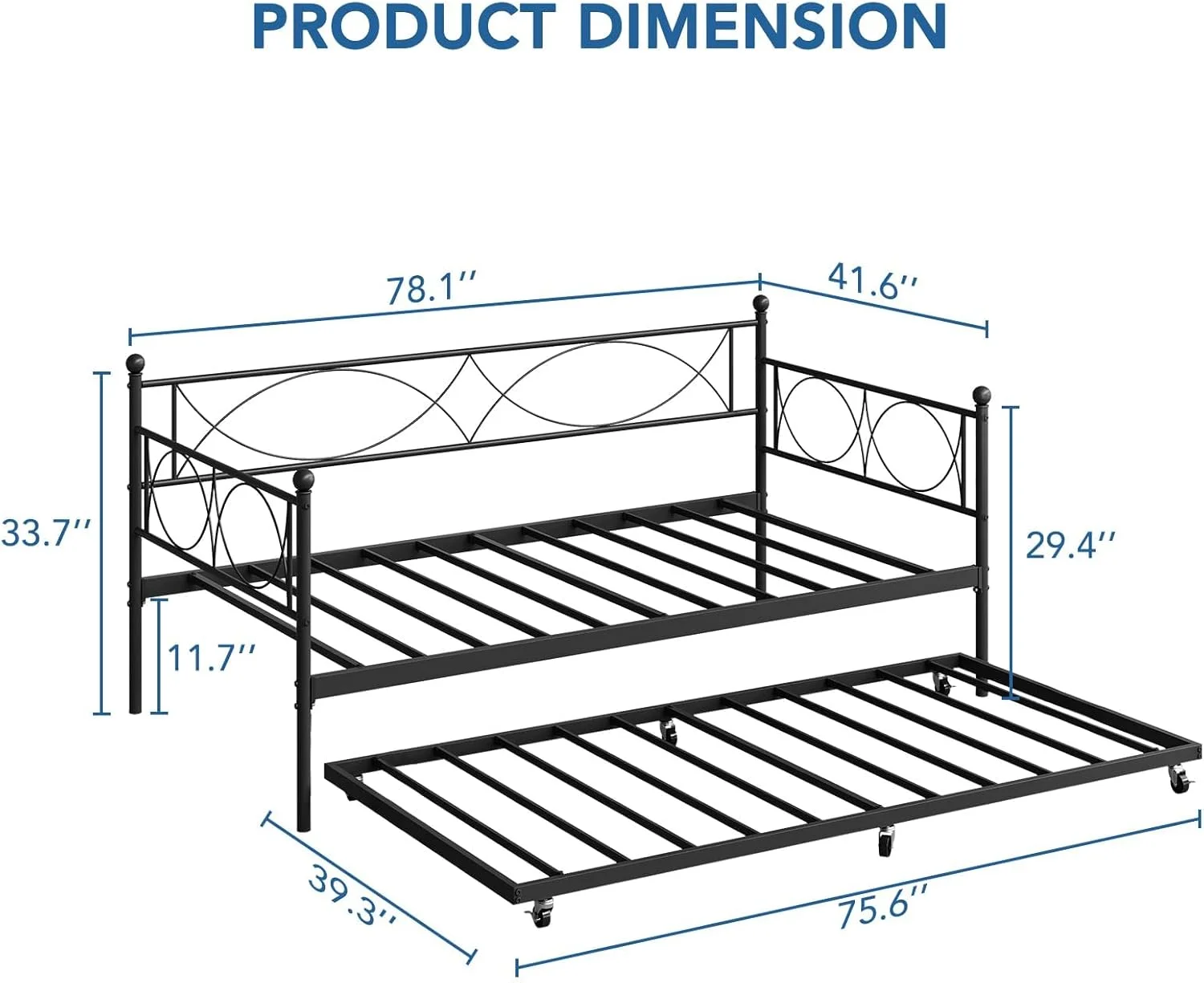 Senfot Twin Daybed with Trundle, Pull Out Trundle Day Bed, Twin Mattress Foundation with Metal Slats, Modern Sofa Bed for Living Room, Bedroom, and Guest Room, Black