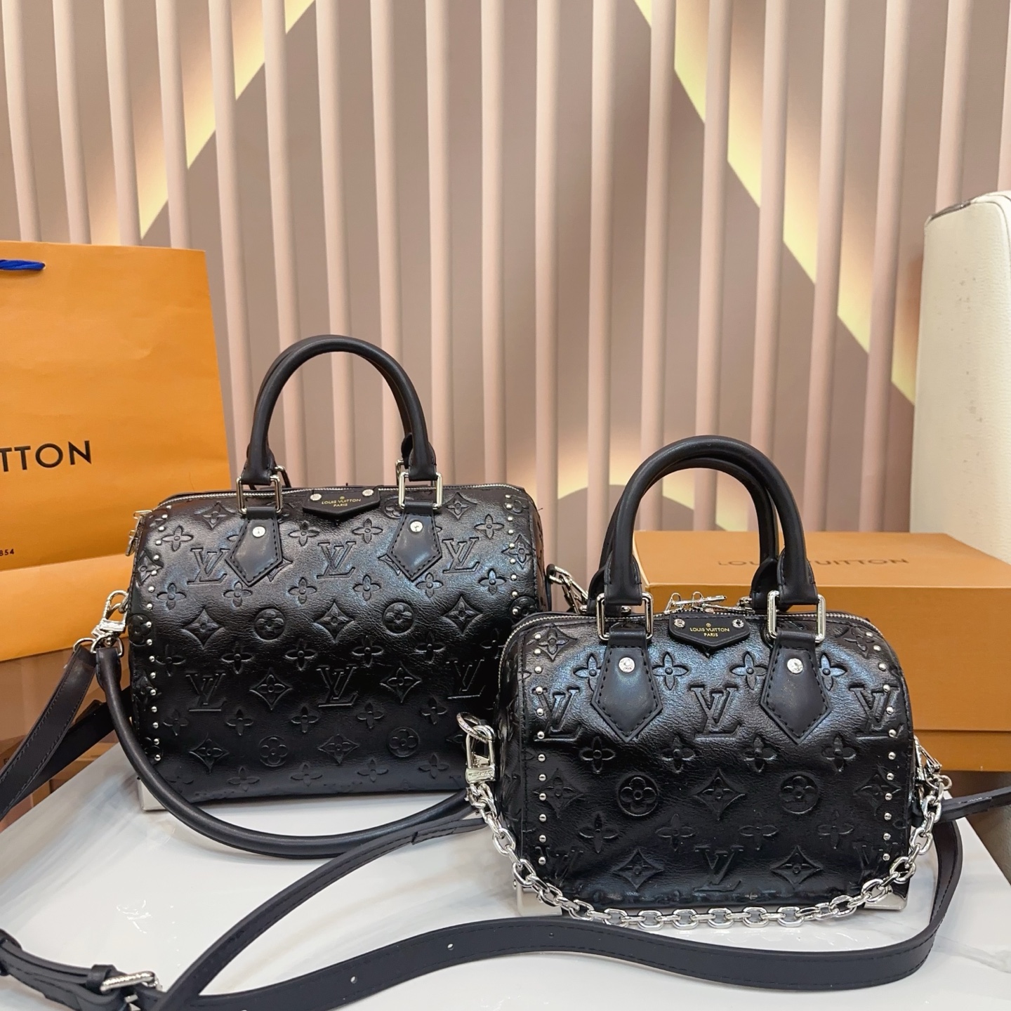 LV Speedy 20/26 Trunk Monogram Empreinte Total Black Leather Studded Boston Top Handle Bag