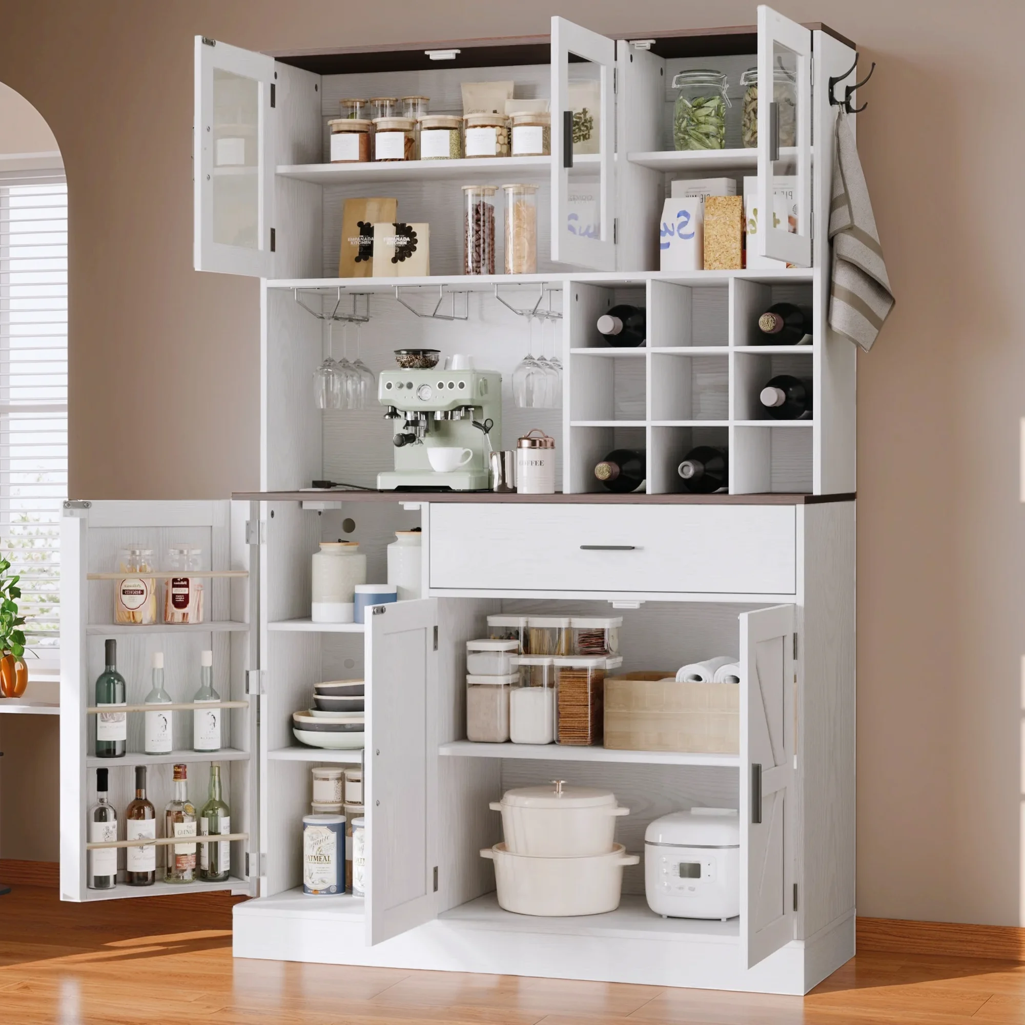 ANCTOR Kitchen Pantry Storage Cabinet with Glass Door, Kitchen Hutch Buffet Cabinet with Drawer, Power Outlet, Wine Rack