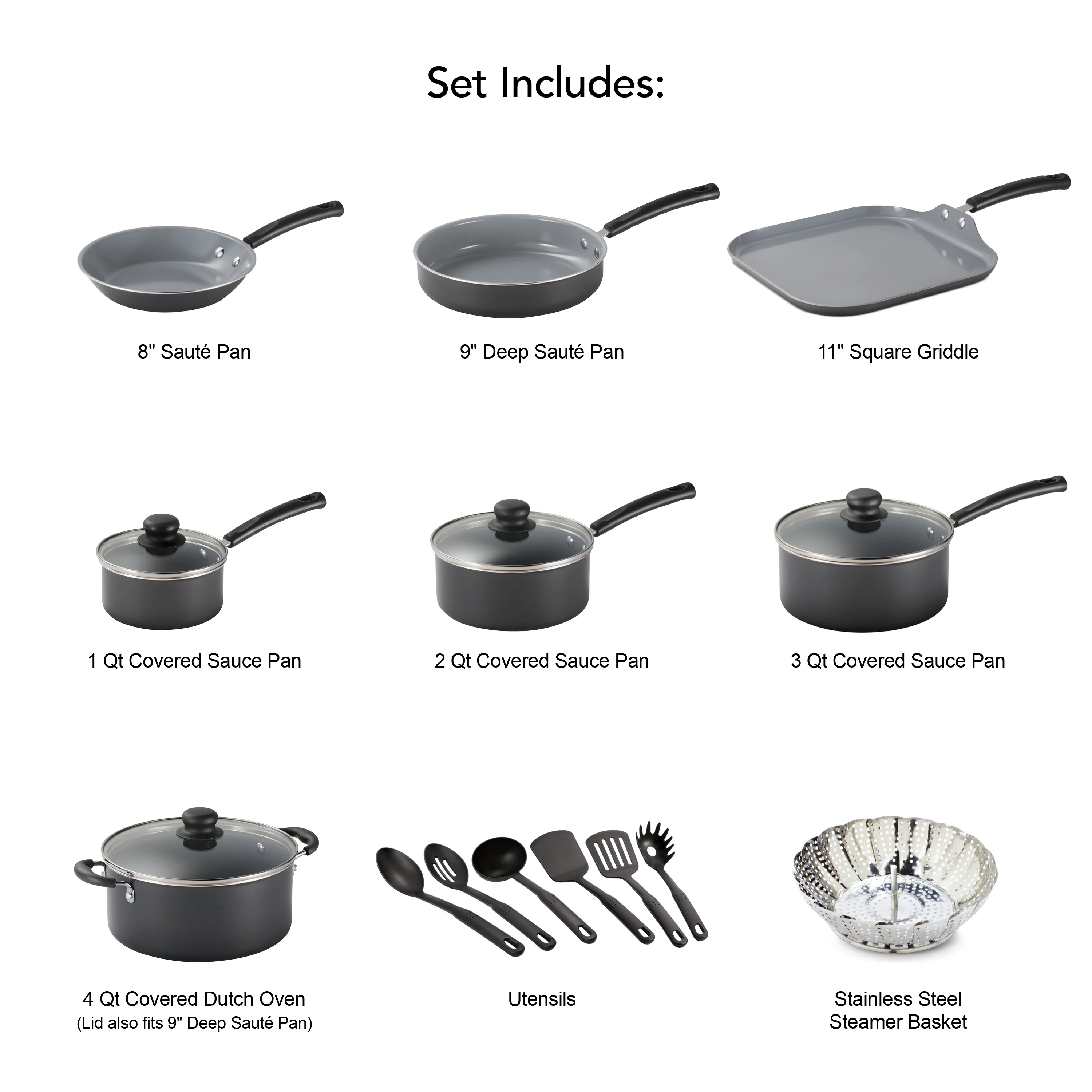 Tramontina Primaware 18 Piece CERAMIC Cookware Set, GRAY