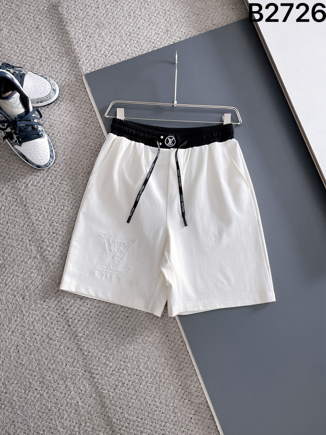 LV Style Tonal Embossed Logo Contrast Waistband Sweat Shorts