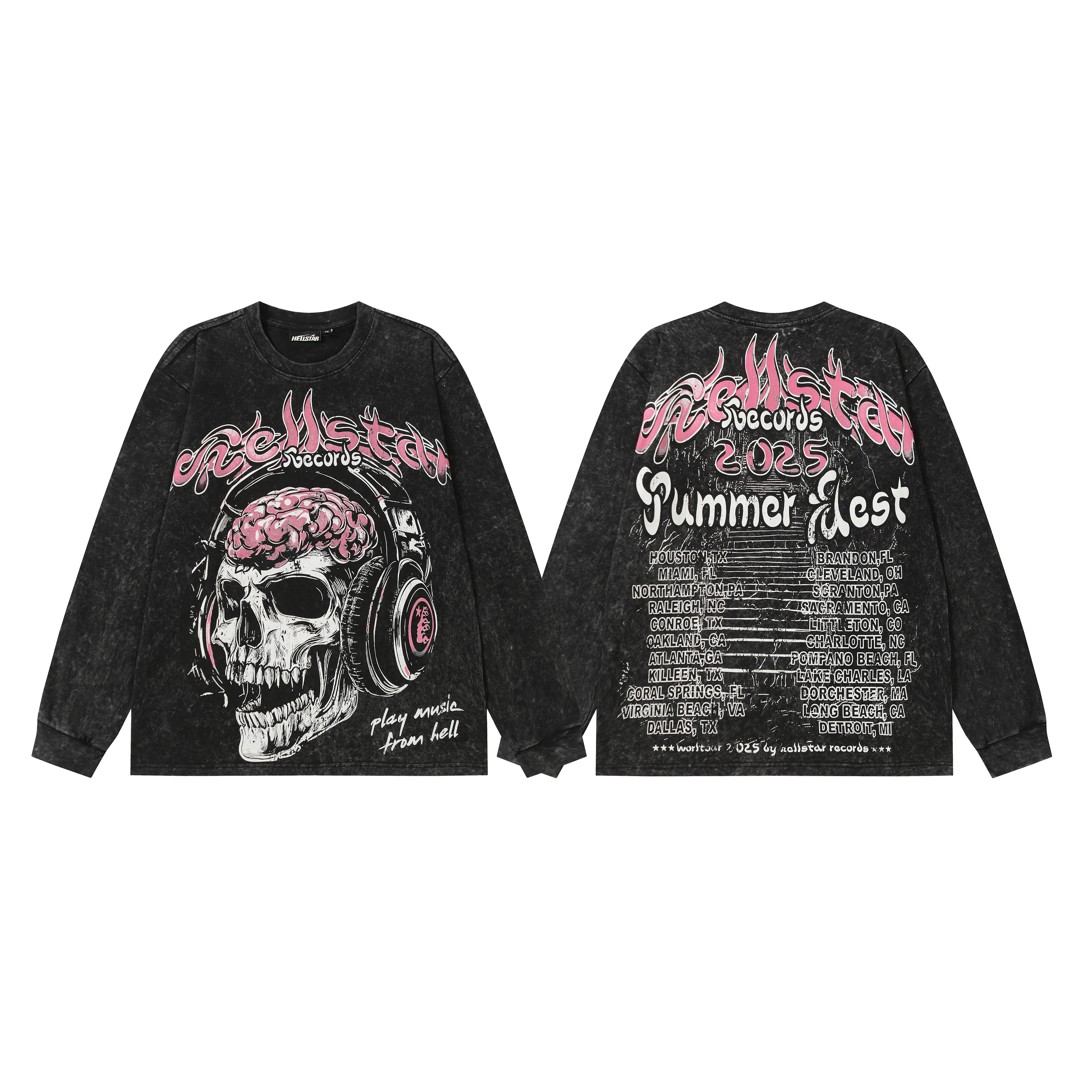 Pink lettered skull print round neck long sleeve shirt with music listening feature