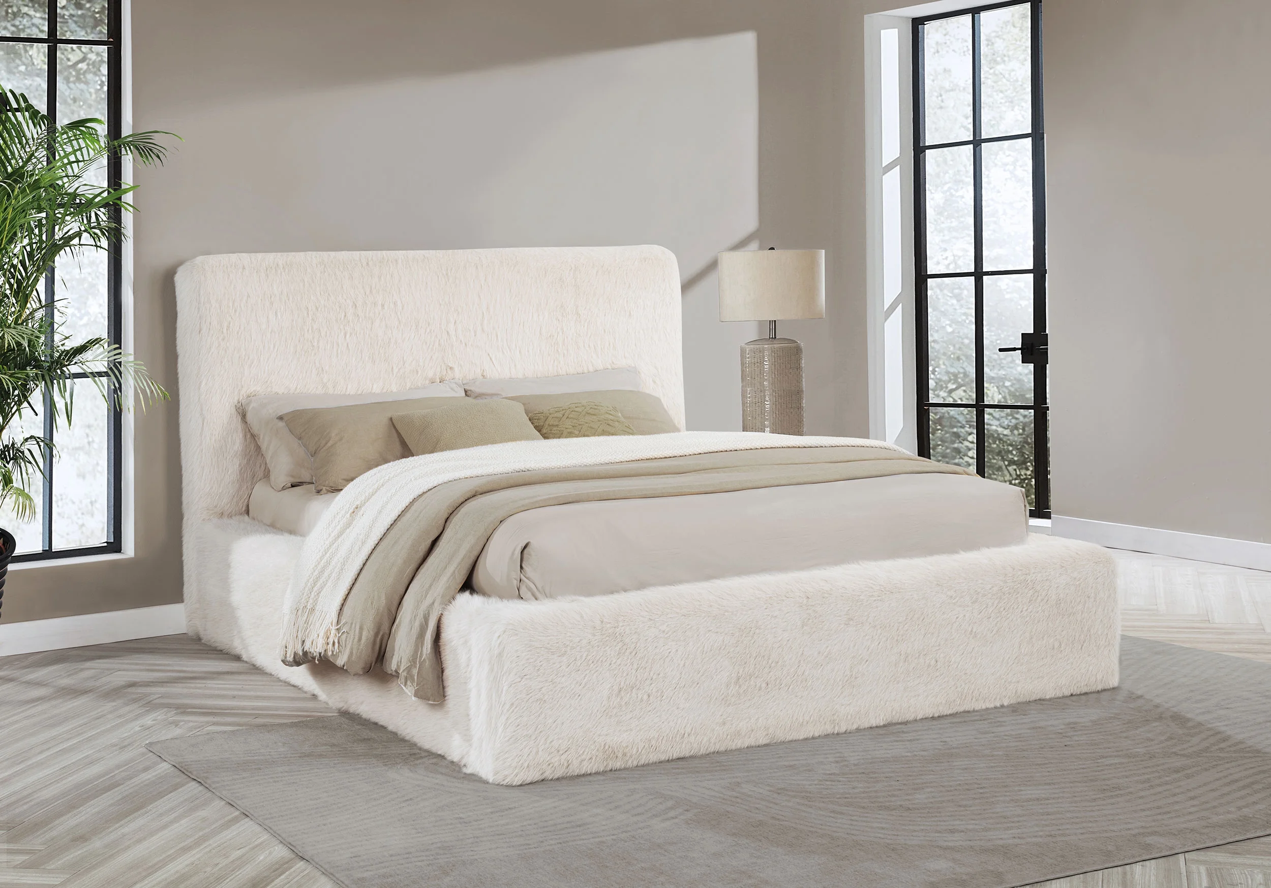 Coaster Rebecca Fabric and Faux Fur Upholstered California King Bed in Cream