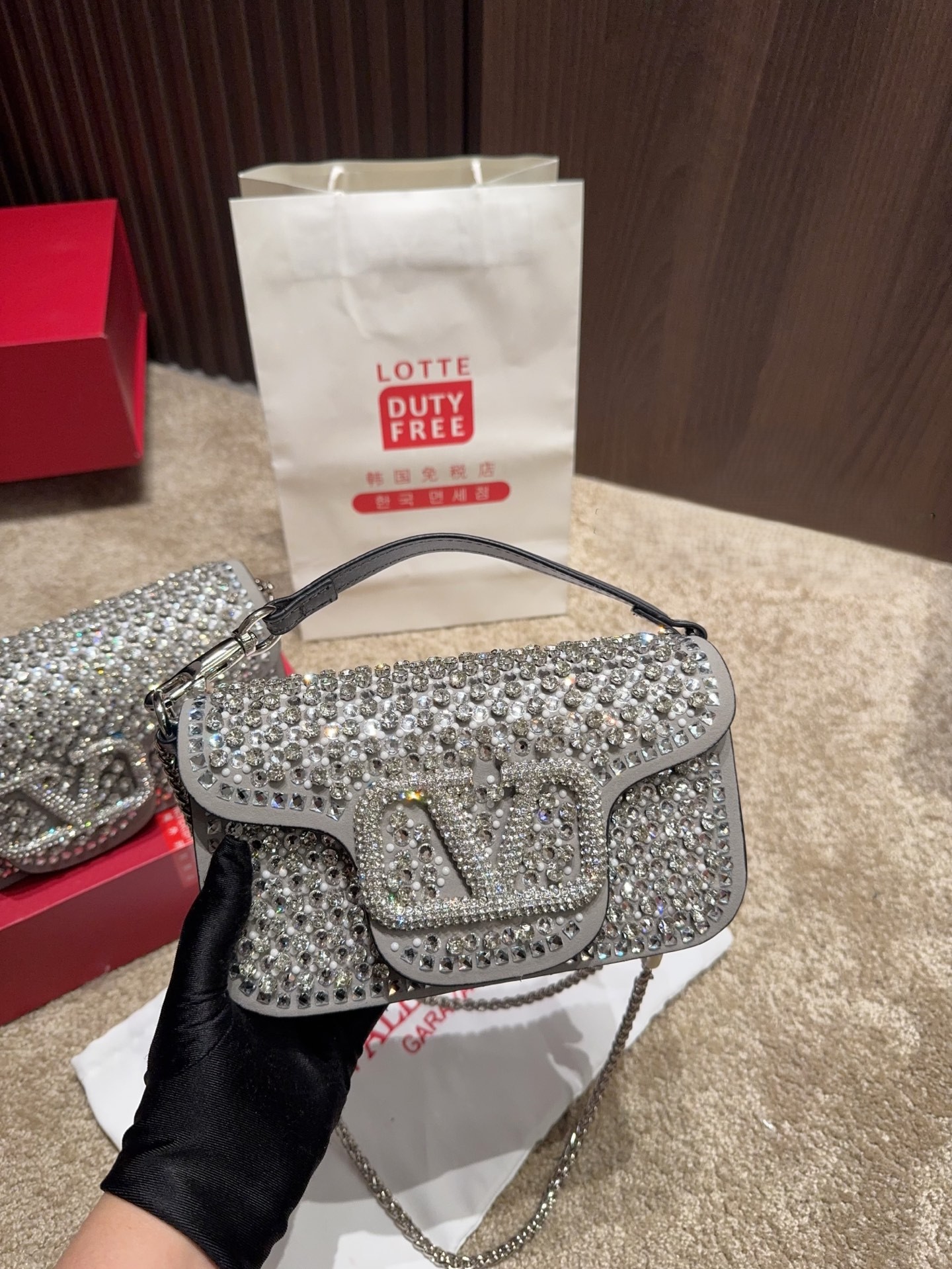 Valentino Garavani Loco Grey Suede All-over Crystal VLogo Flap Chain Rectangular Shoulder Bag