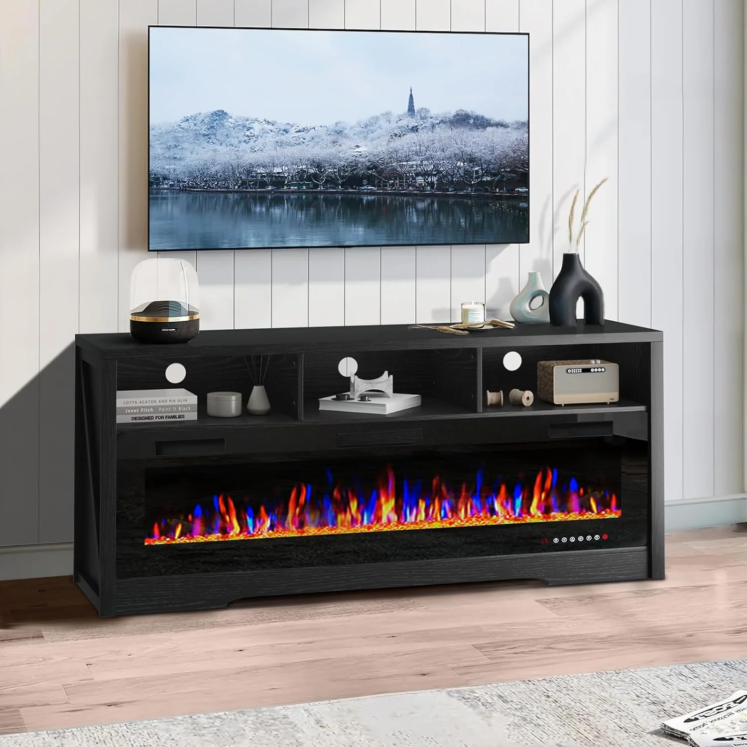 Waleaf Fireplace TV Stand for TVs Up to 75" TV with 60" Electric Fireplace,Entertainment Center with Open Shelve Storage