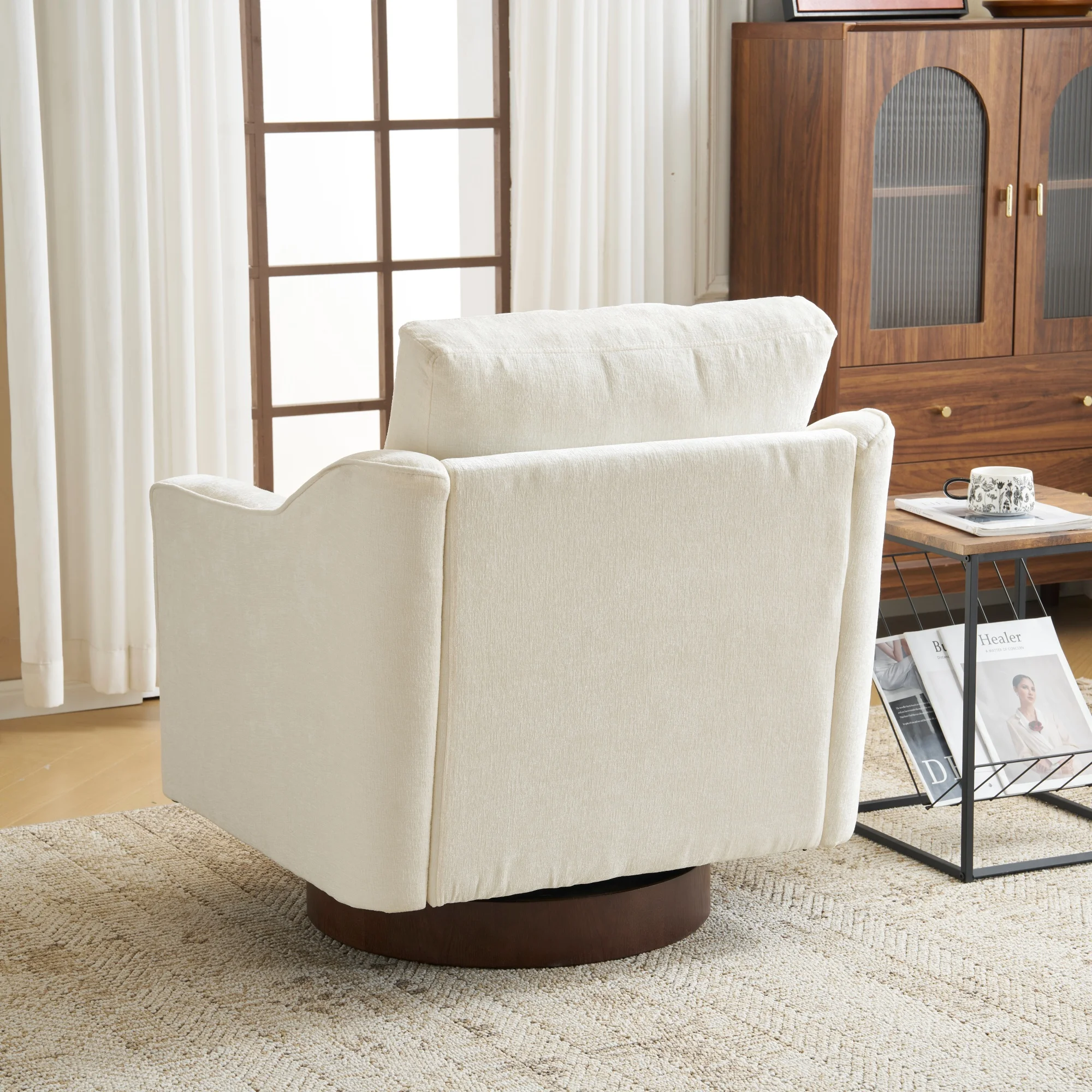 Ktaxon 360? Swivel Accent Chair Soft Chenille Fabric Arm Chair High Resilience Cushion Ideal for Living Room  Bedroom Furniture Off White