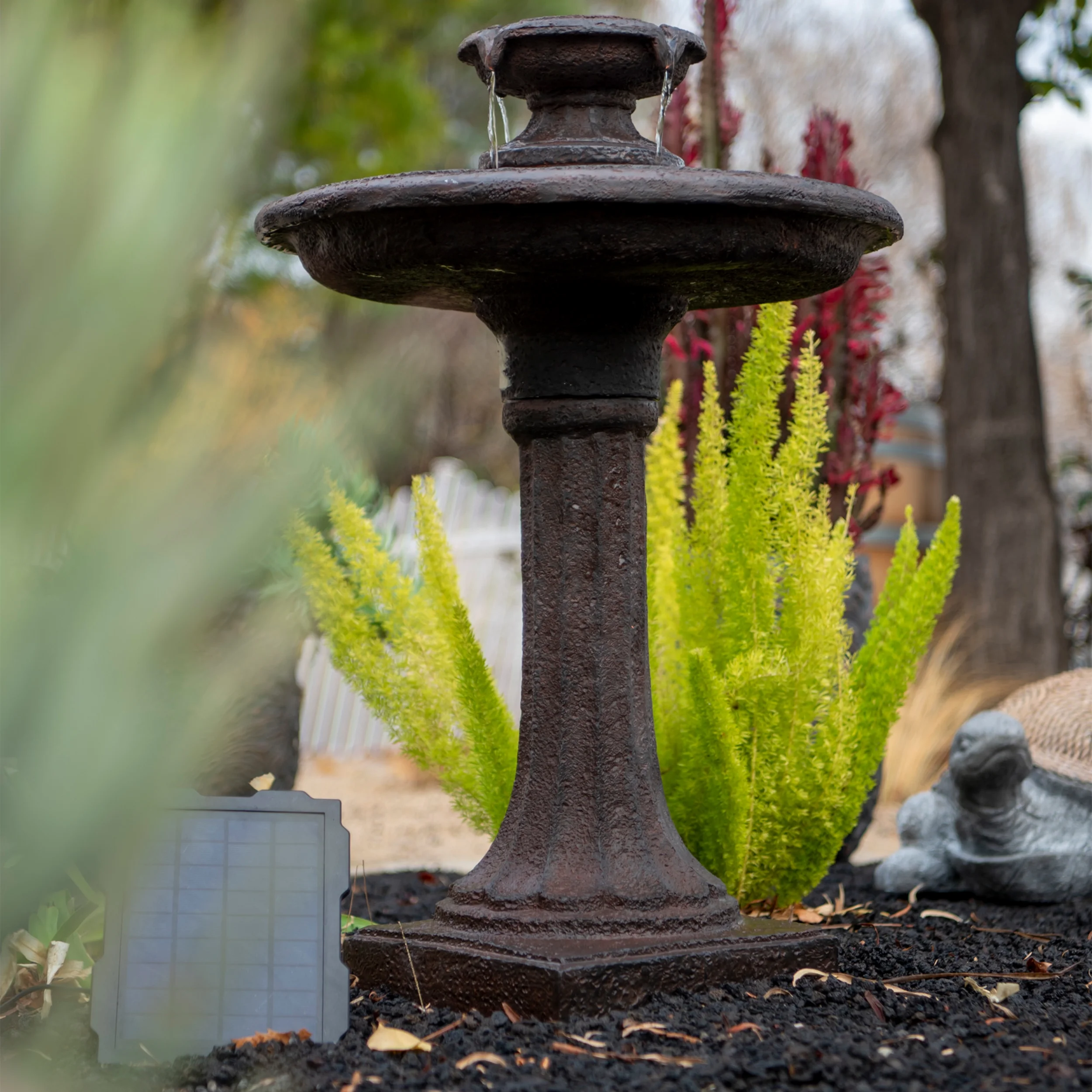 XBrand 28" Solar Water Fountain, 1-Tier, Outdoor Birdbath, Brown Resin, With Solar Panel, Solar Pump, Lawn and Garden, Garden Décor, Garden Water Feature
