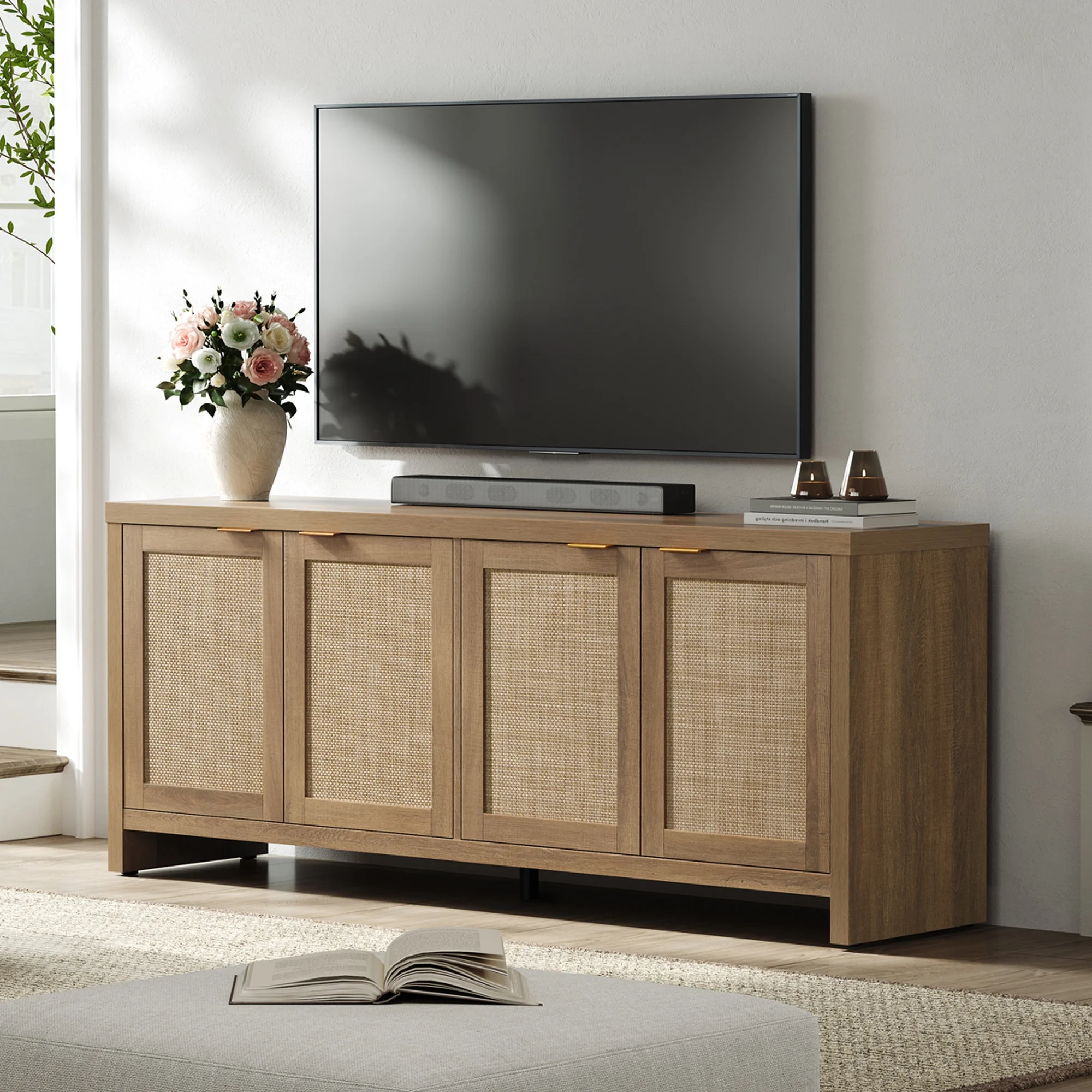 SICOTAS 61.5"W Rattan TV Stand with 4 Doors, Boho Entertainment Center with Adjustable Shelves & Spacious Countertop C Large Boho Farmhouse Media Console for Living Room, Reclaimed Caramel Oak