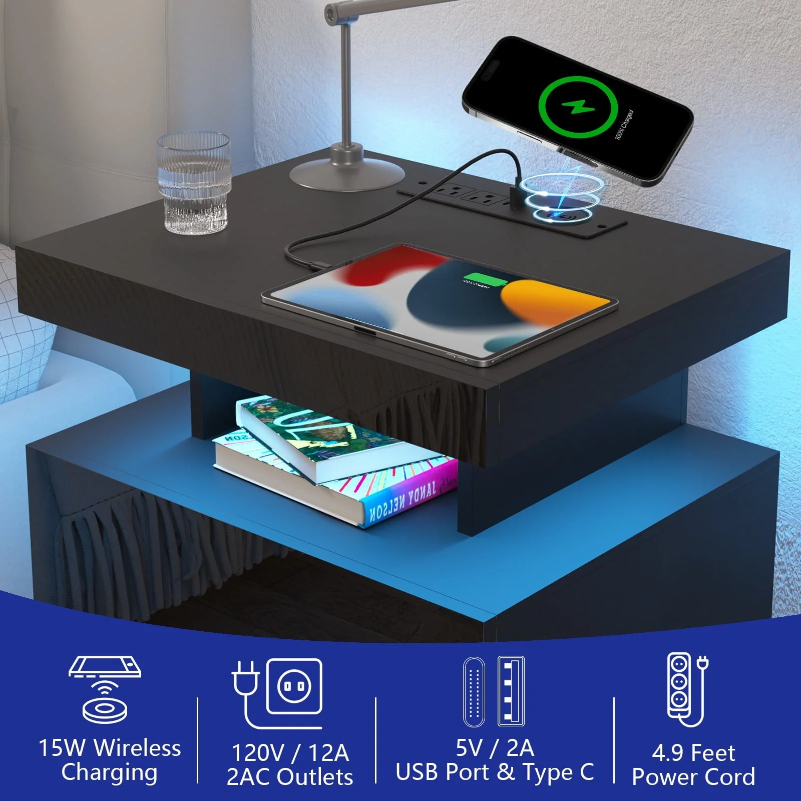 Hommpa LED Nightstand with Wireless Charging Station Modern Nightstand Type C USB Port 2 Drawers Bedside Table Black Smart Night Table High Gloss End Side Table for Bedroom Furniture 22.3" Tall
