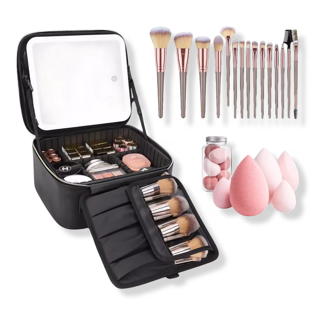CosmoGlo  Makeup Case with Brush & Sponge Set