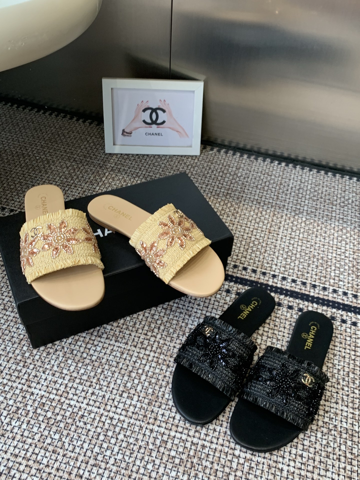 Chanel Sequin Floral Raffia CC Slide Sandals
