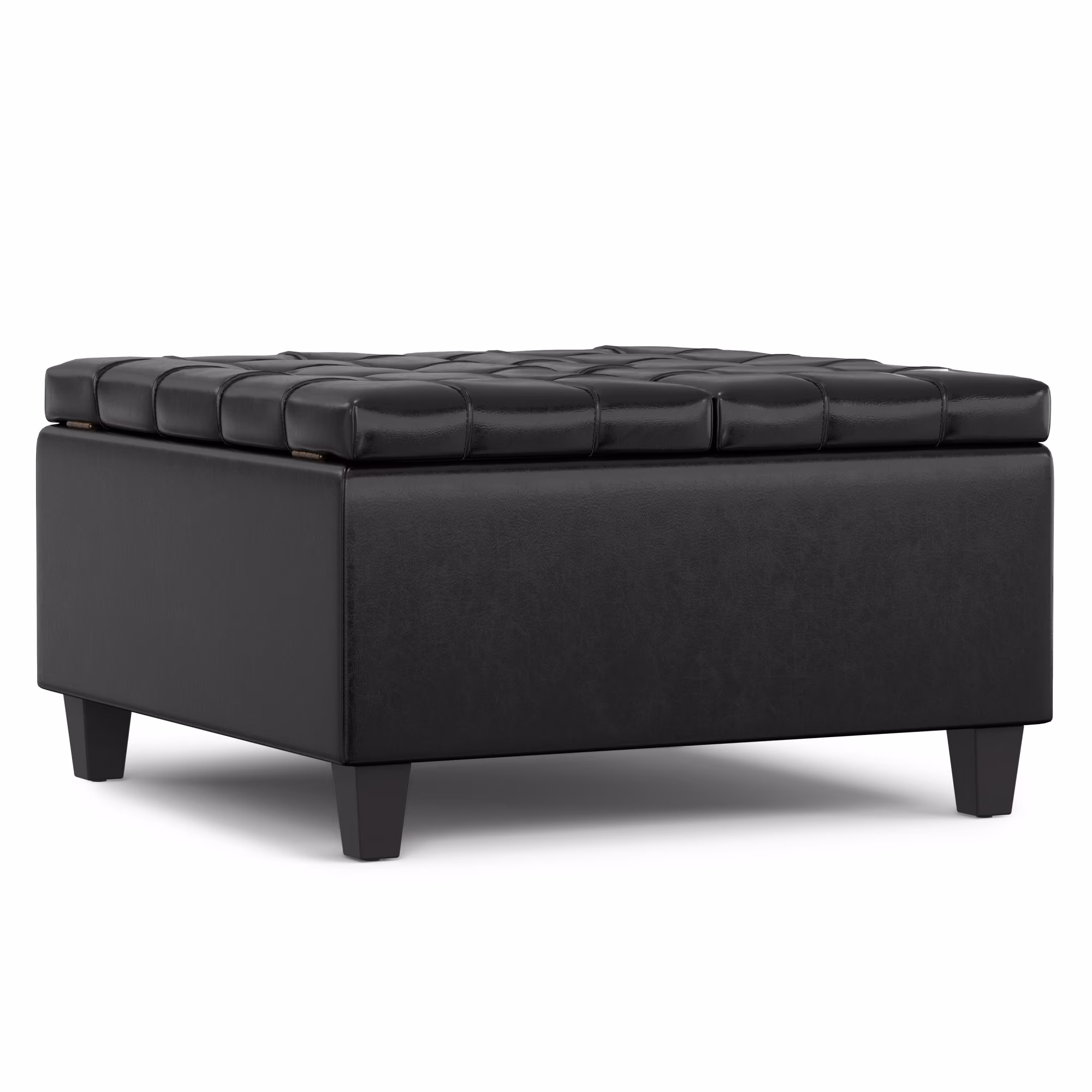 Simpli Home Harrison Vegan Faux Leather Storage Ottoman in Saddle Brown