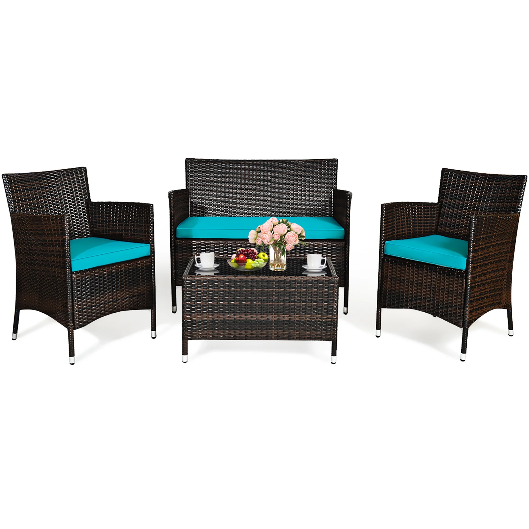 Costway 4PCS Rattan Patio Cushioned Sofa Chair Coffee Table Turquoise