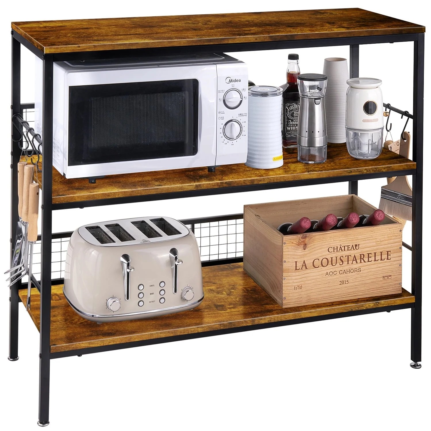 Cheflaud Rolling Kitchen Storage Cart Island with large open shelves and Large Worktop, 3-Tier Kitchen Baker’s Rack with 10 Hooks, Stable Steel Structure and Easy Assembly, Rustic Brown