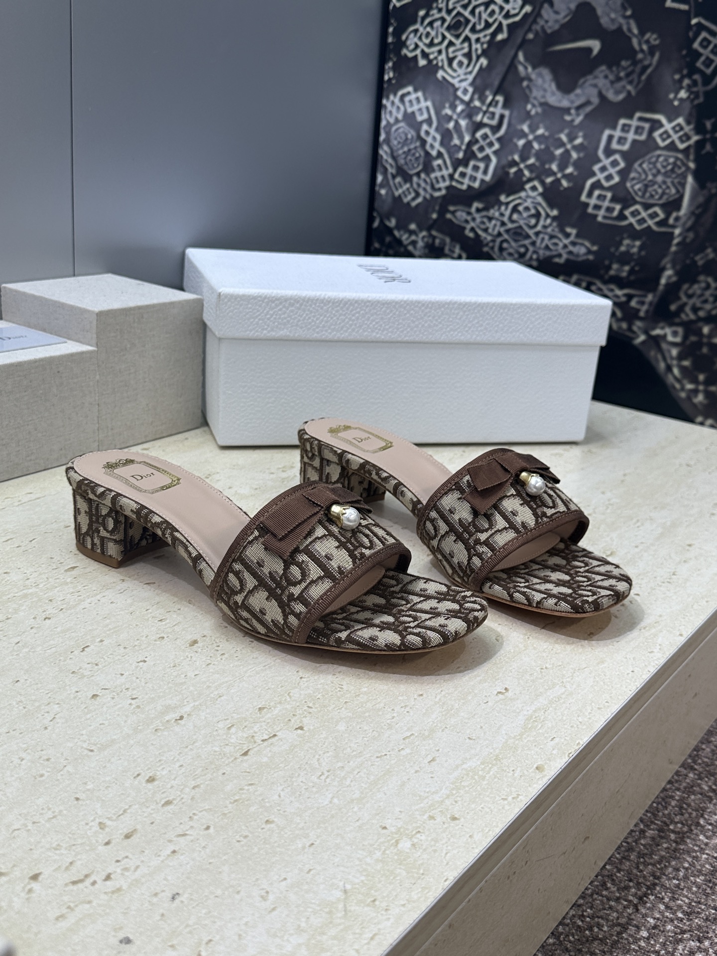 Dior Oblique Jacquard Bow Block-Heel Mules