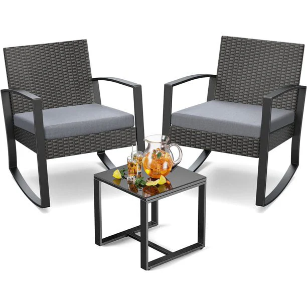 Patio Chairs Set, Outdoor Porch Balcony Furniture Set with Glass Coffee Table, Patio Rocking Wicker Chairs Set with Gray Cushion(Upgraded)