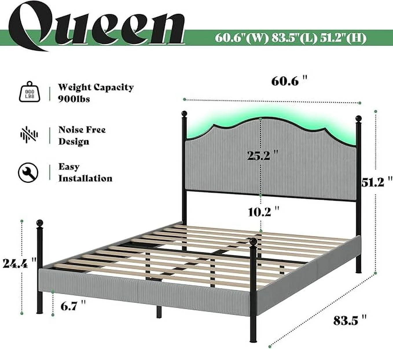 Merluxy Upholstered Queen Size Bed Frame with 51.2" Tall Headboard, Metal Four Poster LED Beds for Bedroom, Easy Assembly, Wooden Slats, Grey