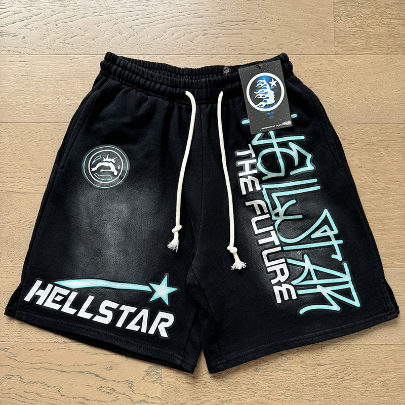 Washed vintage-style blue letter print short sweat pants
