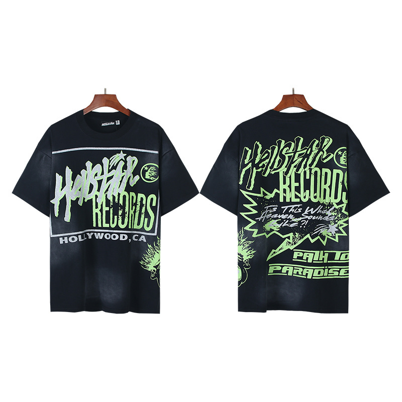 Washed black printed short-sleeved cotton T-shirt with sequins and glitter