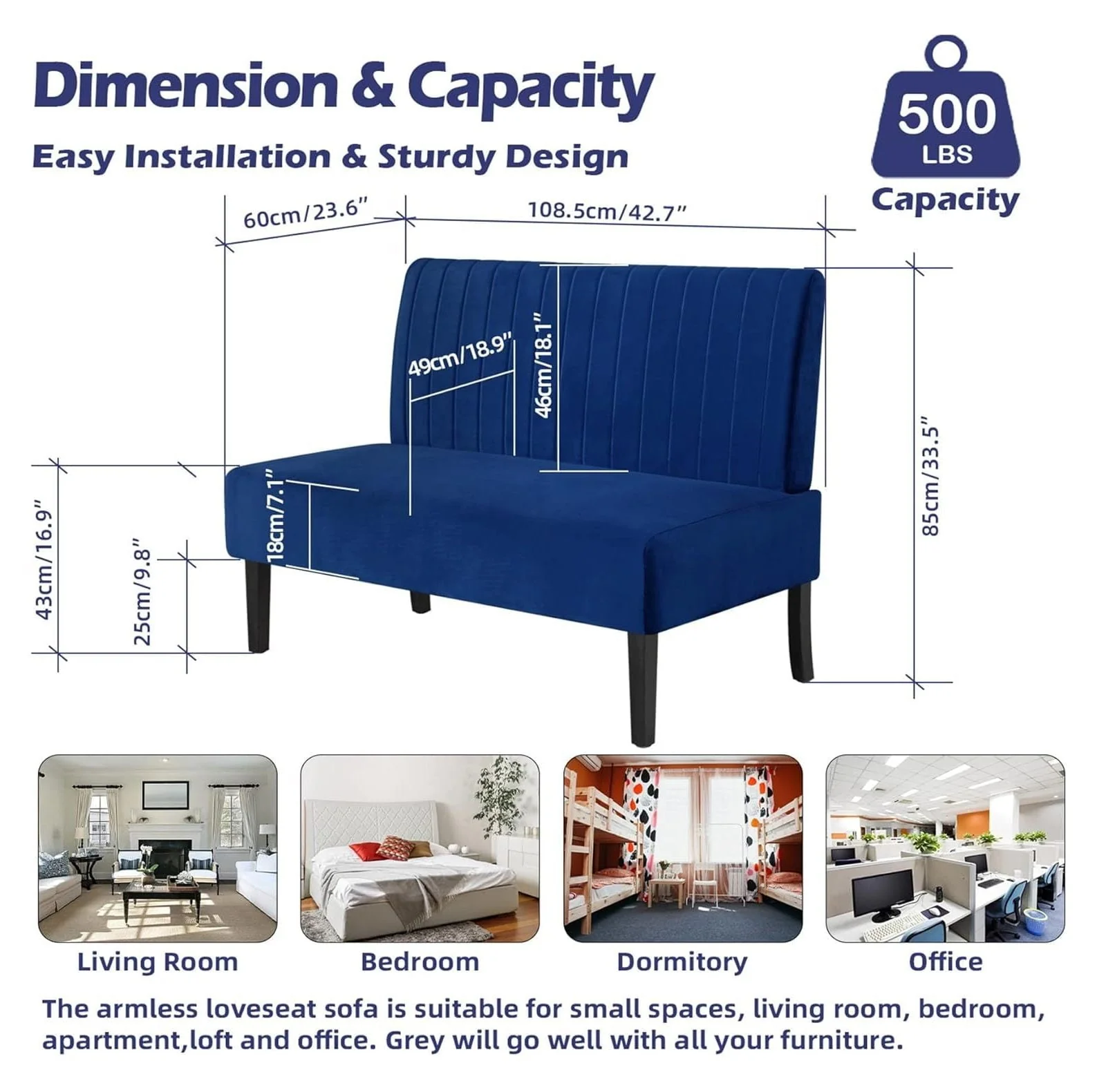 GnHoCh 43" W Mini Small Comfy Couch Armless Loveseat Sofa for Bedroom with USB Port, Velvet Small Couches for Small Spaces Living Room, Apartment Office Dorm (Navy Blue)
