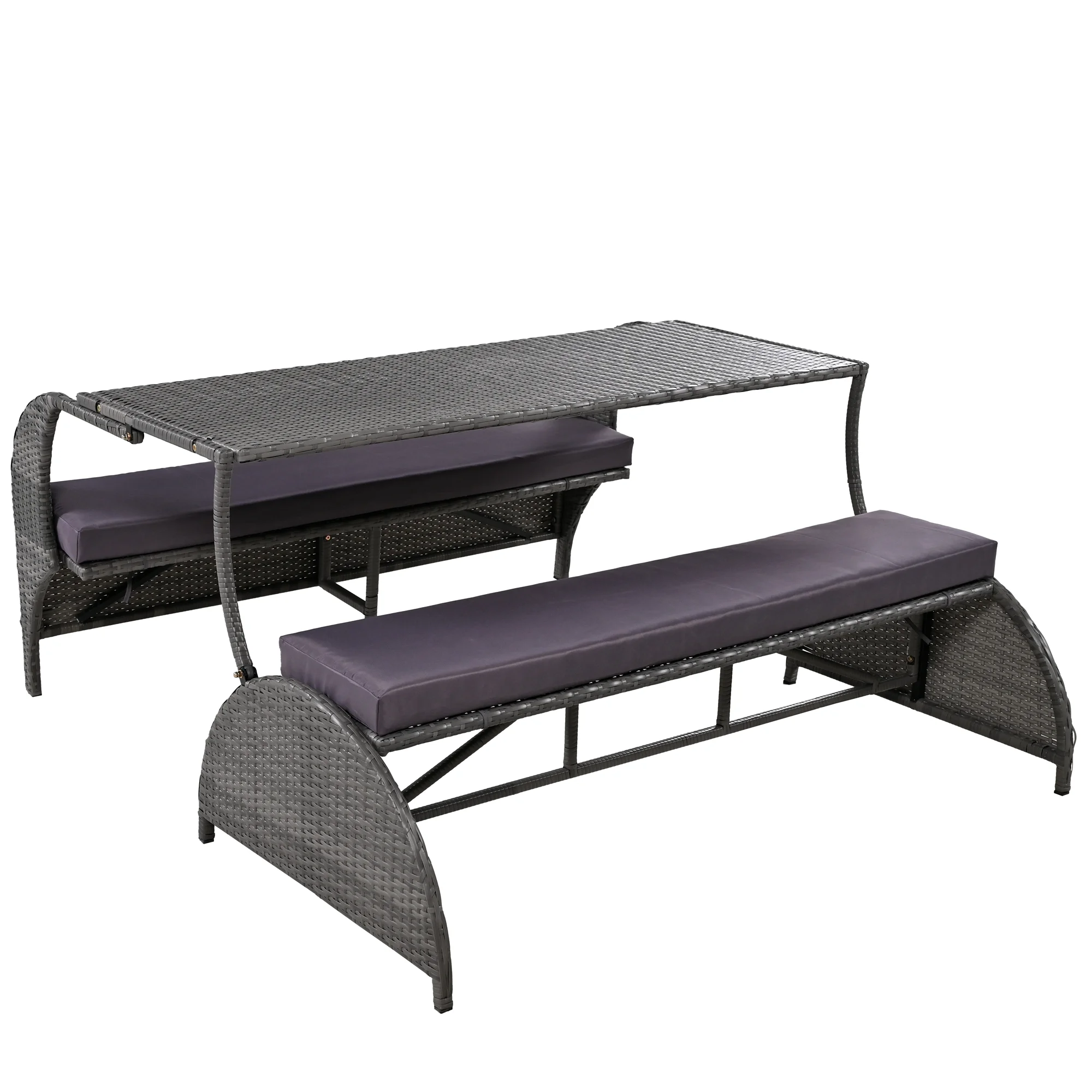 Huloretions 57.1" Outdoor Loveseat,Outdoor Table and Bench Chairs Convertible Picnic Upholstered Bench Table for Garden Yard Porch
