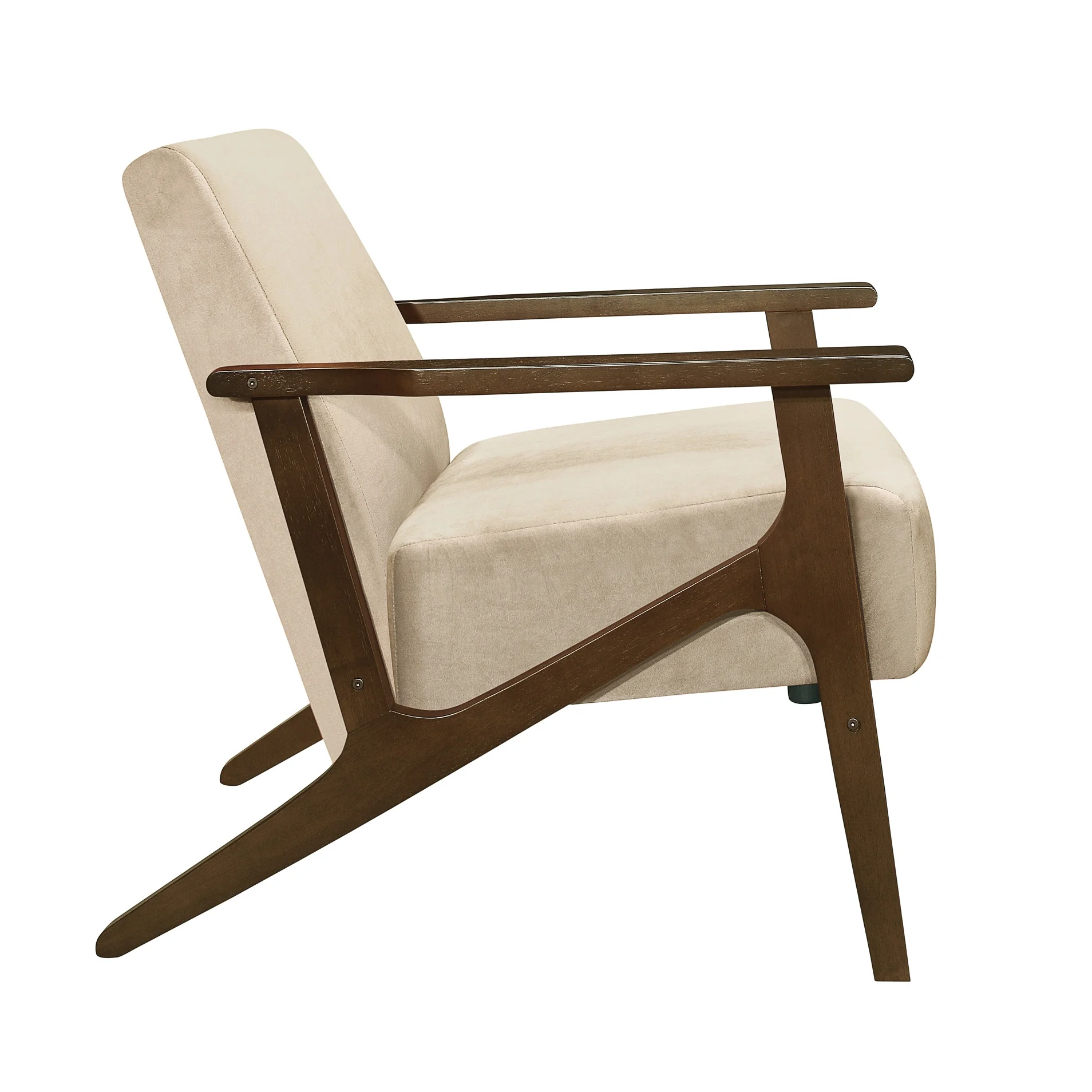 Mid-century Modern Brown Chair, Solid Wood Frame, Attached Cushions Seat, Wood, Velvet Fabric