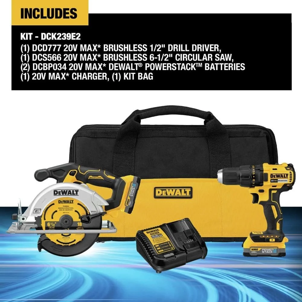DEWALT 20V MAX Brushless Cordless Circular Saw and Drill Combo Kit with DEWALT POWERSTACK Compact Batteries DCK239E2