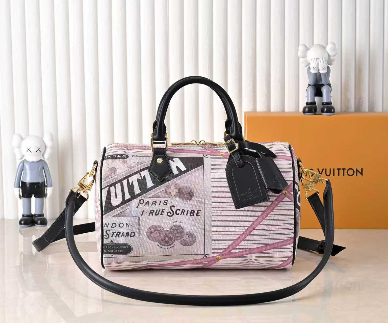 LV Speedy 30 Trunk Stripe Newspaper Print Canvas Leather Boston Top Handle Bag
