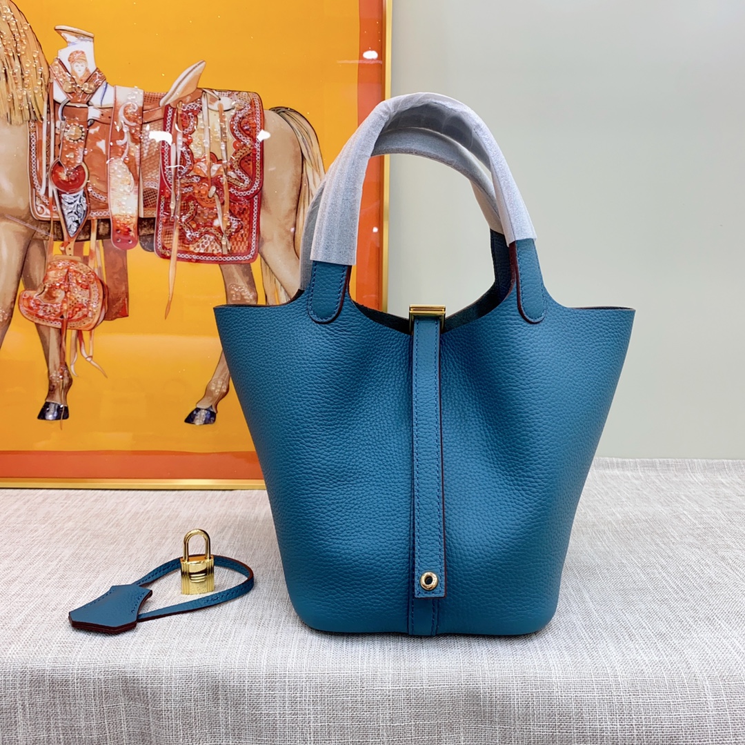 Hermes Clemence Picotin Lock Bag Golden Hardware-Blue Bag
