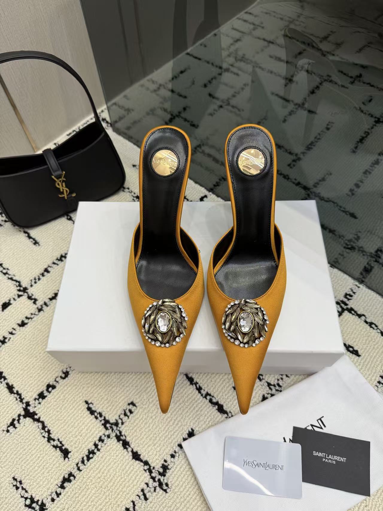 YSL Mustard Yellow Pointed Toe Satin Crystal Brooch Stiletto Heel Mules Sandals