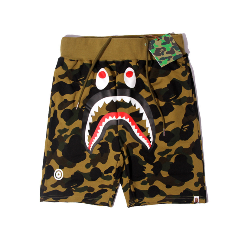Army green shark pattern drawstring elastic shorts