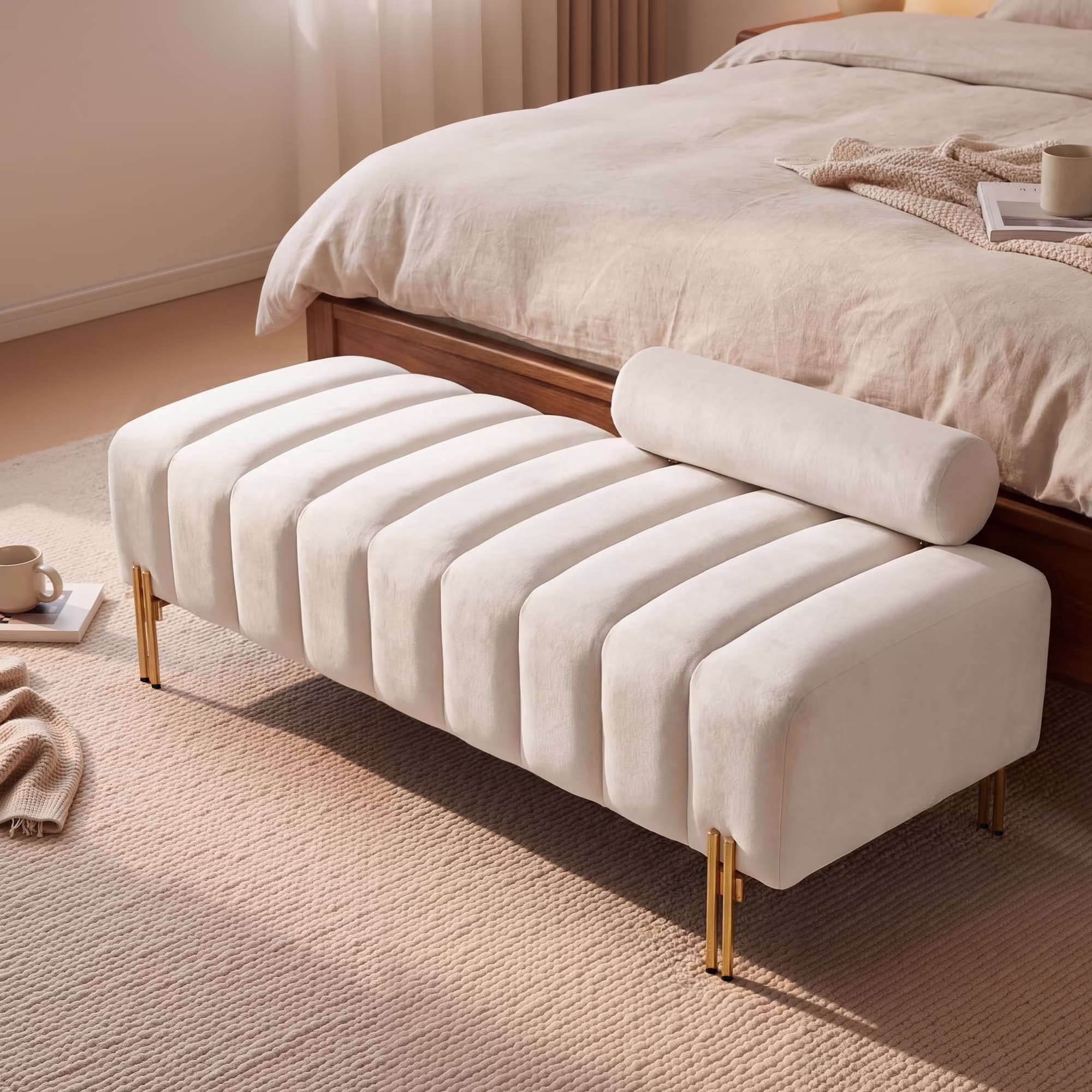 Wiilayok 52" Upholstered Velvet Ottoman Bench,End of Bed Bench with Gold Legs,Tufted Long Bench for Bedroom Living Room Foyer Indoor Entryway,Green