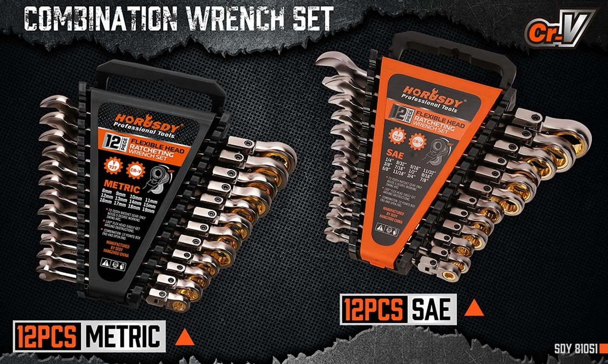 24PC Flex-Head Ratcheting Wrench Set Metric & SAE w/ Organizer 8-19mm 1/4"-7/8"