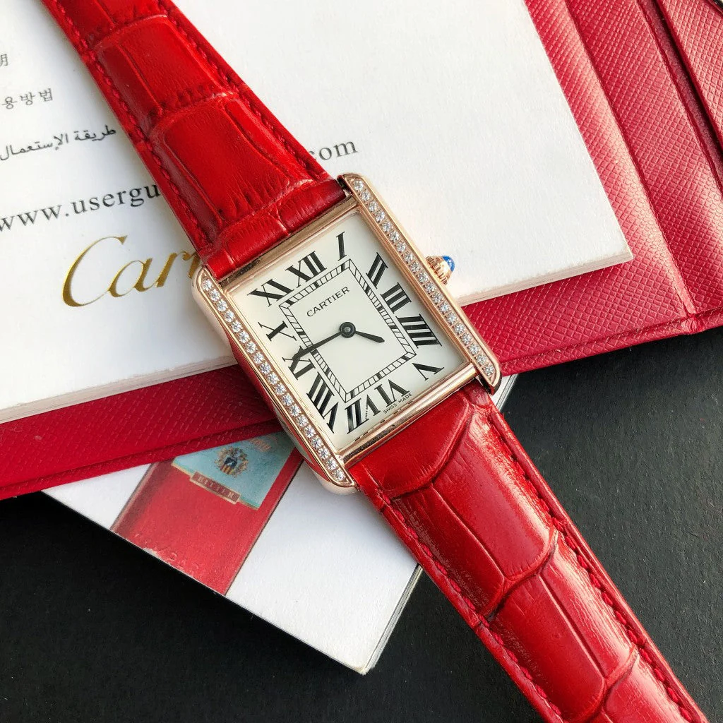 Cartier Watch TANK SOLO PINK GOLD DIAMOND BEZEL RED CROCODILE LEATHER