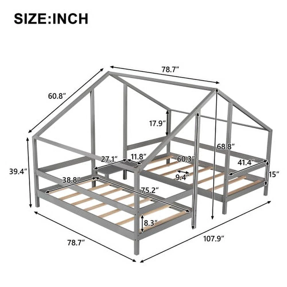 Double Shared Twin Size Canopy Platform Beds with Built-in Desk, Bedroom Wood House Bedfram for Kids, Adults and Teen, No Spring Box Required, Solid Upgrade