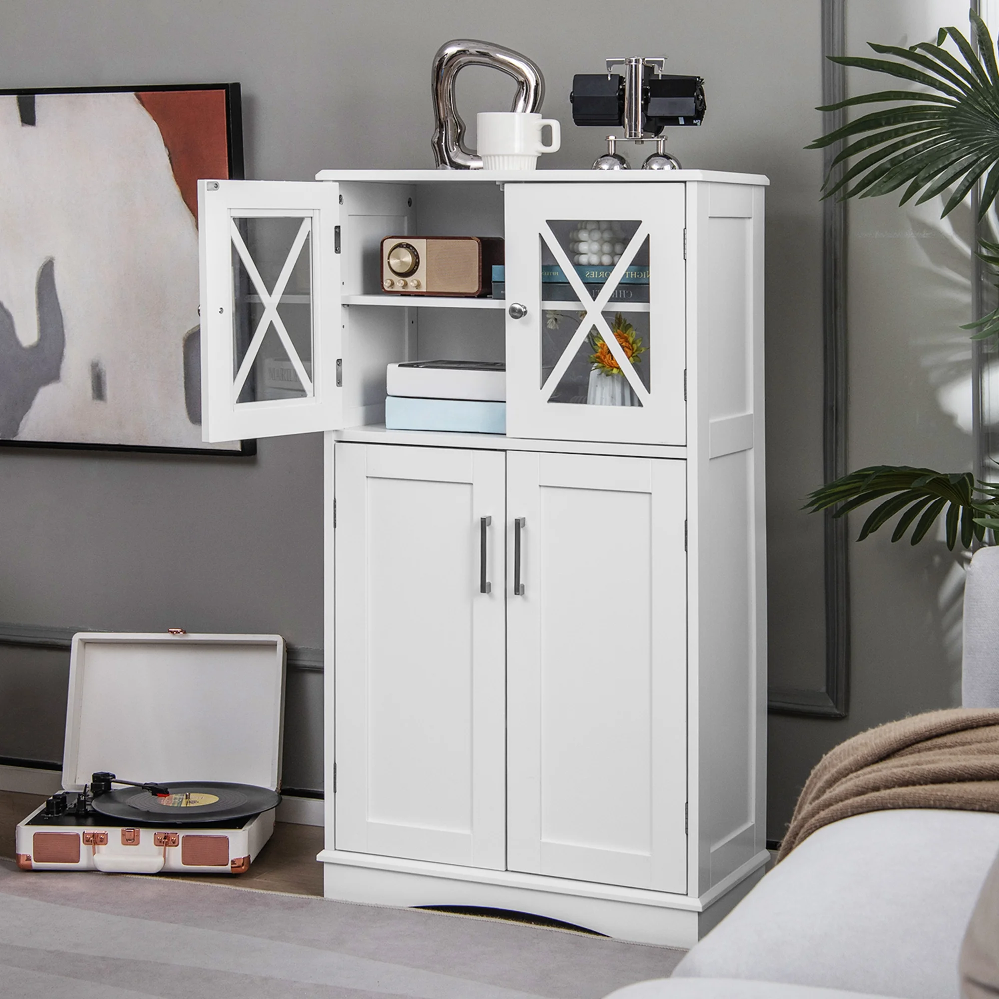 Costway Bathroom Storage Cabinet Linen Storage Cabinet with Doors and Adjustable Shelves White