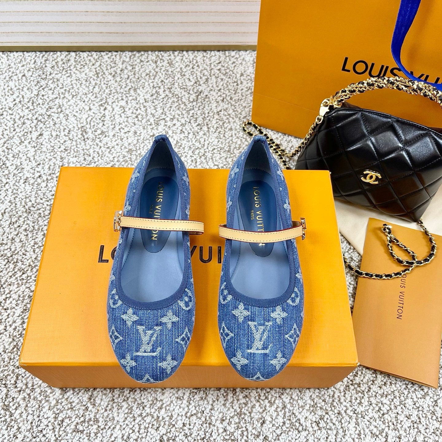 Louis Vuitton LV Monogram Denim Romy Leather Strap Gold LV Twist Buckle Strap Joy Mary Jane Flats