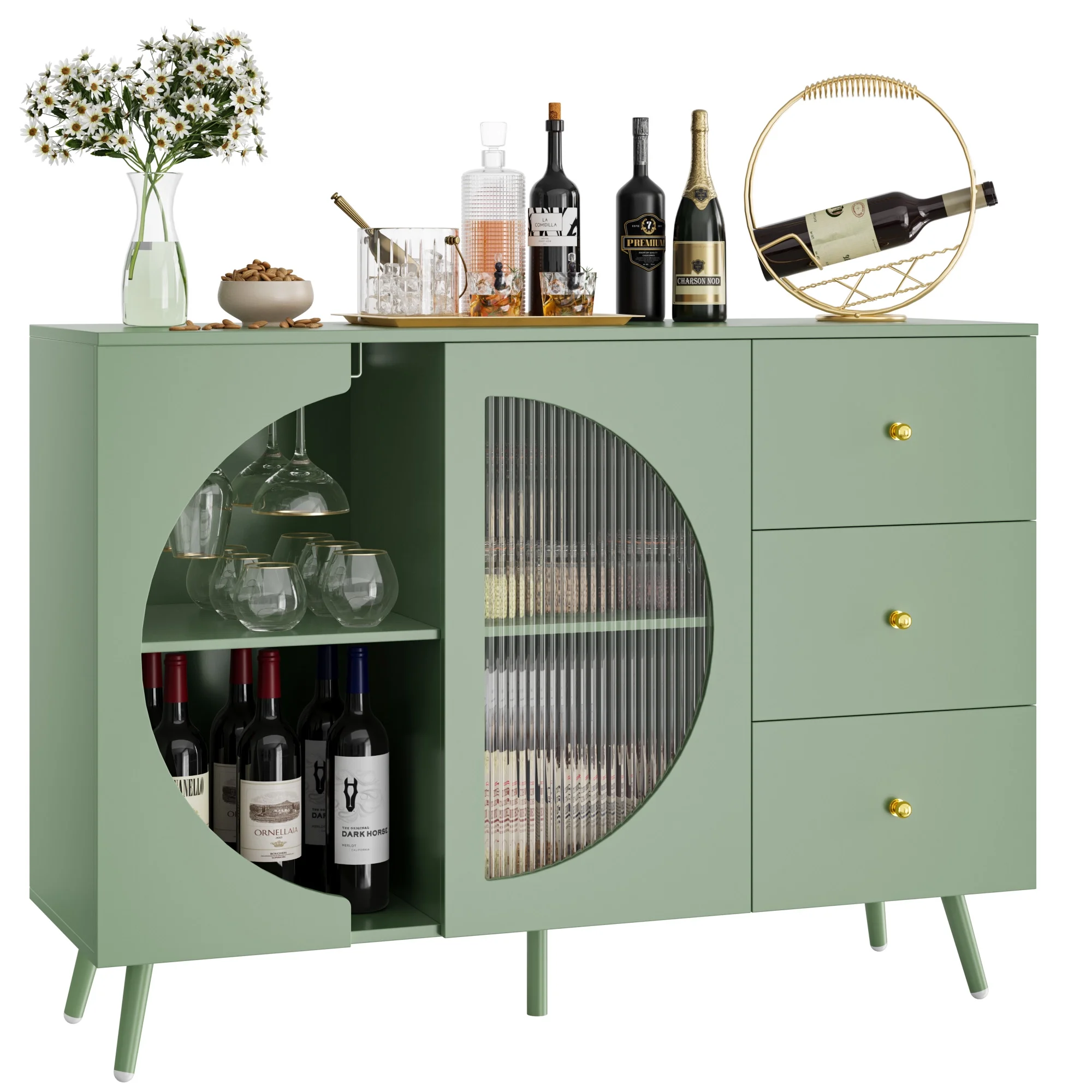 Homfa Coffee Bar Cabinet with 3 Drawers & Glass Door, Modern Buffet Sideboard Bar Table for Dining Room, Green